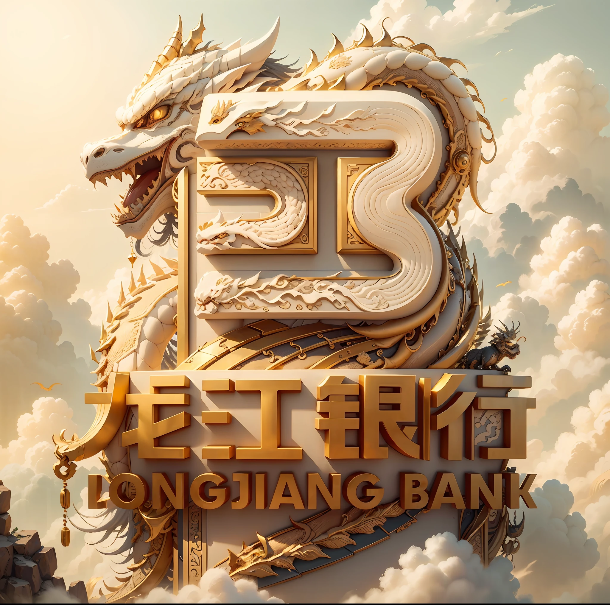 Longjiang Bank logo close-up, China Dragon, Oriental Dragon, logo, company logo, logo, ivory gold artificial intelligence, gold bars, money, treasure
