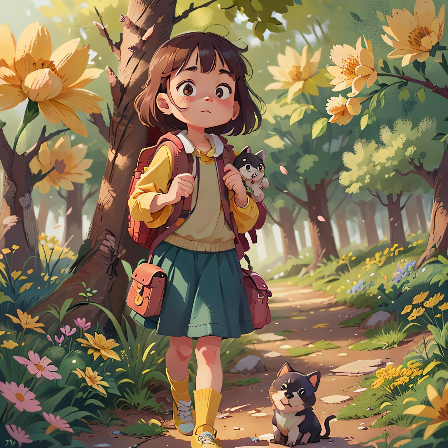 Tip: A very charming little girl with a backpack and her adorable puppy enjoying a lovely spring outing surrounded by beautiful yellow flowers and nature. The illustration is a high-definition illustration in 4K resolution with highly detailed facial features and cartoon-style visuals.