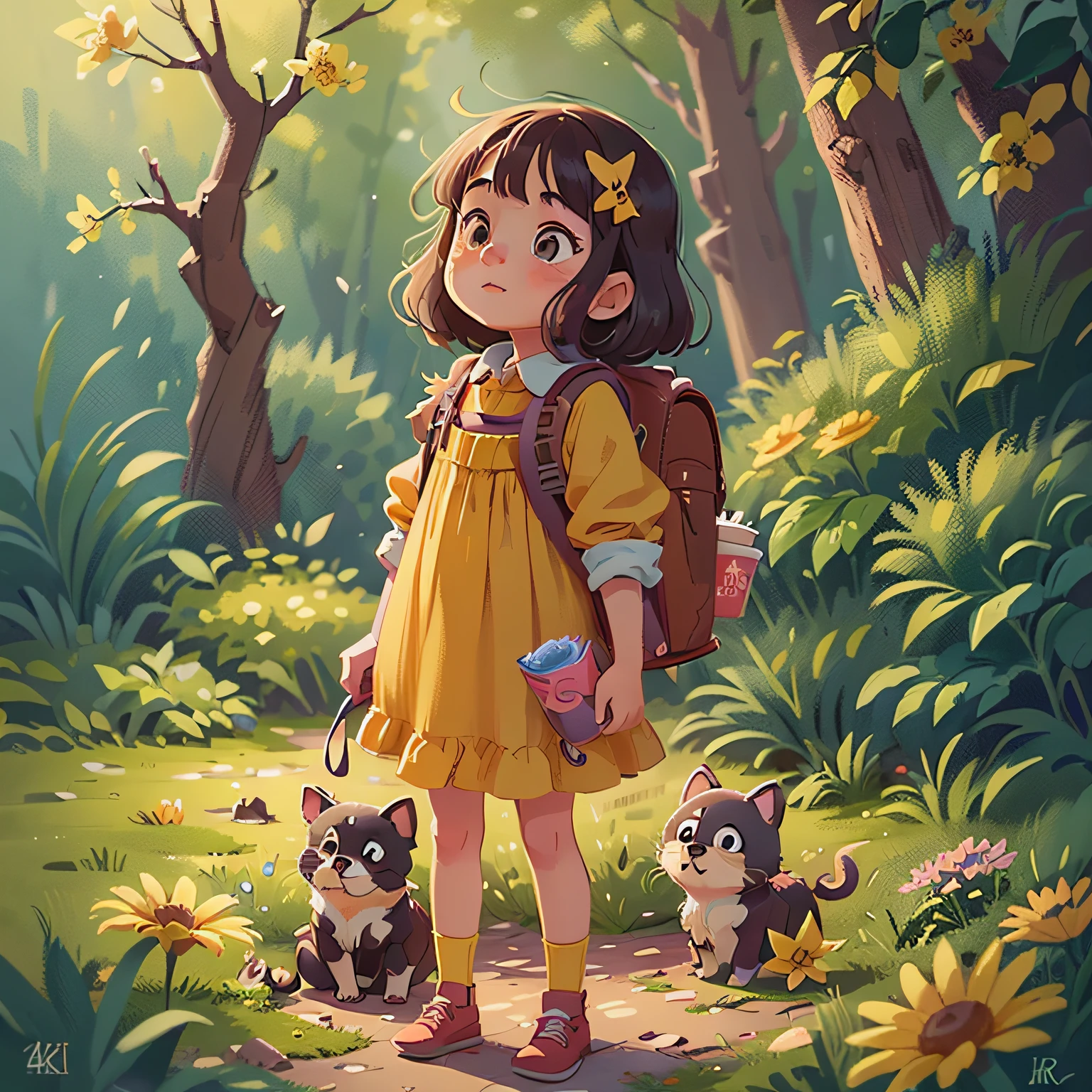 Tip: A very charming little girl with a backpack and her adorable puppy enjoying a lovely spring outing surrounded by beautiful yellow flowers and nature. The illustration is a high-definition illustration in 4K resolution with highly detailed facial features and cartoon-style visuals.