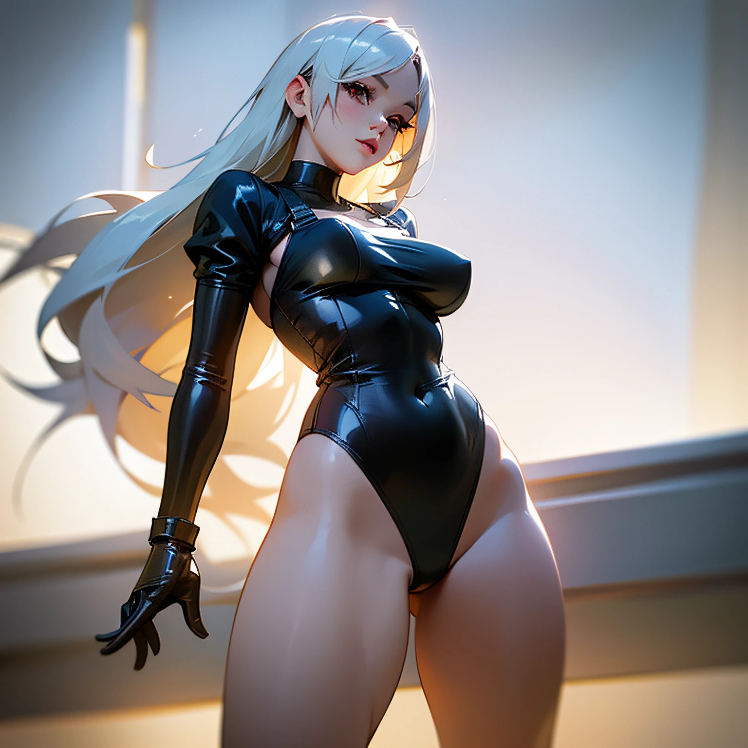 There is a woman in a black latex outfit, just a woman, very sexy outfit, photorealistic anime girl render, 2b, Tifa Lockhart with white hair, sexy outfit, thick and smooth warframe thighs, hyperrealistic student, bright white skin, realistic shaded perfect body, inspired nier, thicc, sexy dominant pose, photorealistic perfect body --auto