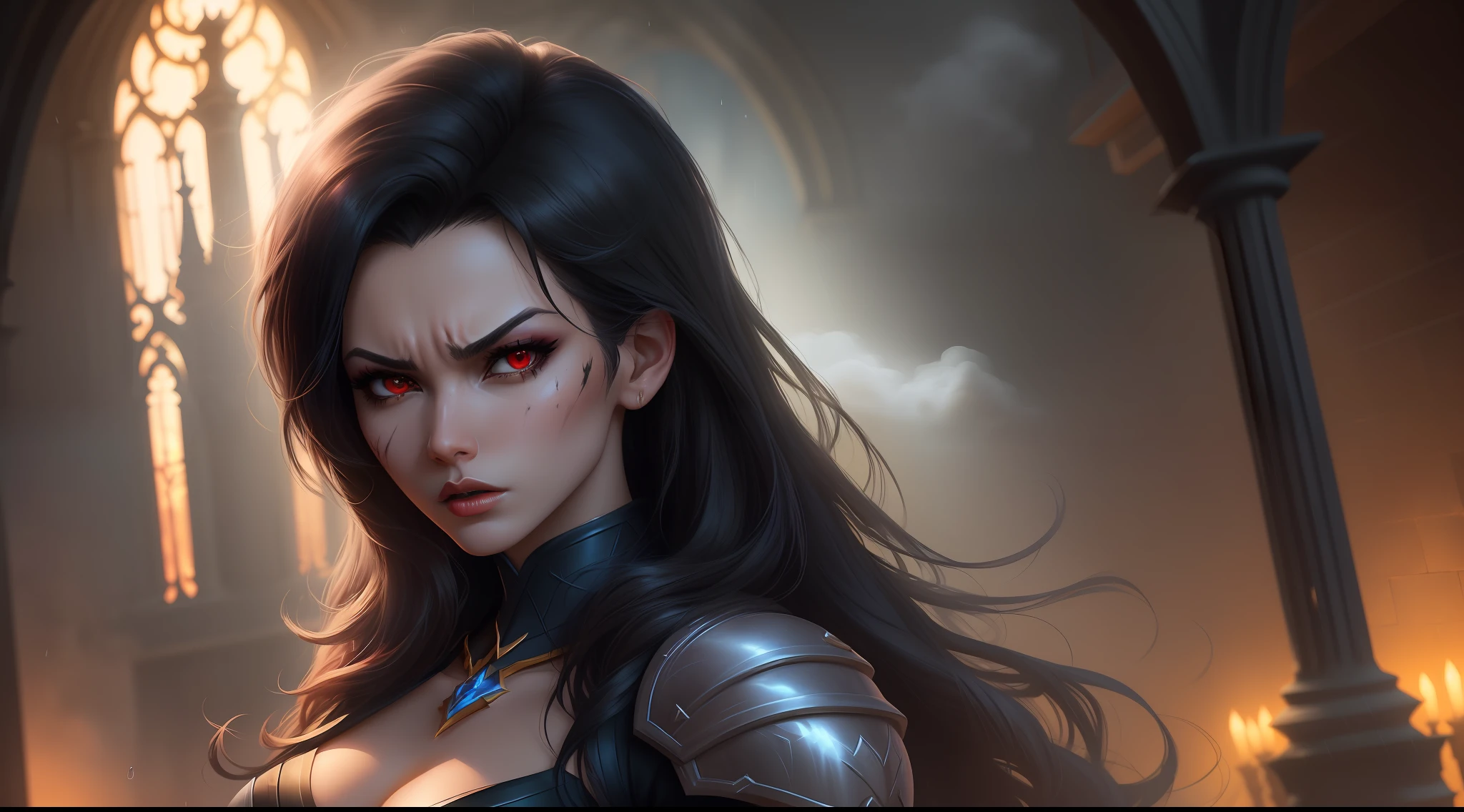 anime, a woman ((angry face) with long black hair with red eyes hidden among black smoke and ashes in a dark cathedral with a red light in her hand, low light, ray tracing, black armor, light from above, night, with rain, battle pose, ready to fight, cowboy shot, by akili, artgerm extremely detailed,  from League of Legends, Zenra Taliyah, Artgerm style, Taliyah, Ireland, by Yang J, IG model | Artgerm, from League of Legends, LeBlanc, ! Artgerm Dream