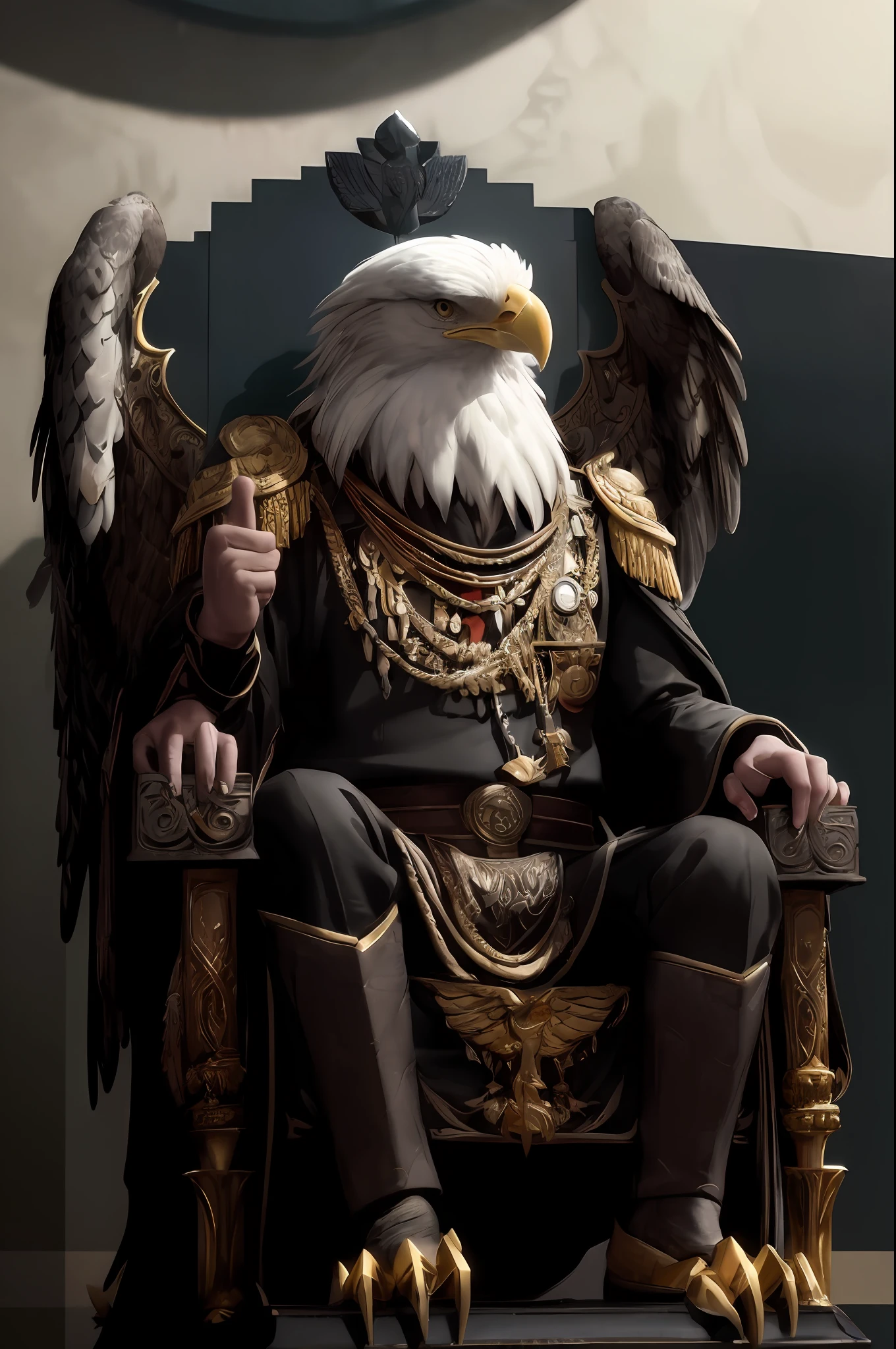 araffe sitting on a throne with a bald eagle on it, perched on intricate throne, black aarakocra eagle warlord, an eagle, majesty in noble clothes, majestic symmetrical eagle wings, regal pose, sitting on his throne, portrait of emperor of mankind, the god emperor of mankind, god emperor biden, with an eagle emblem, avian warrior