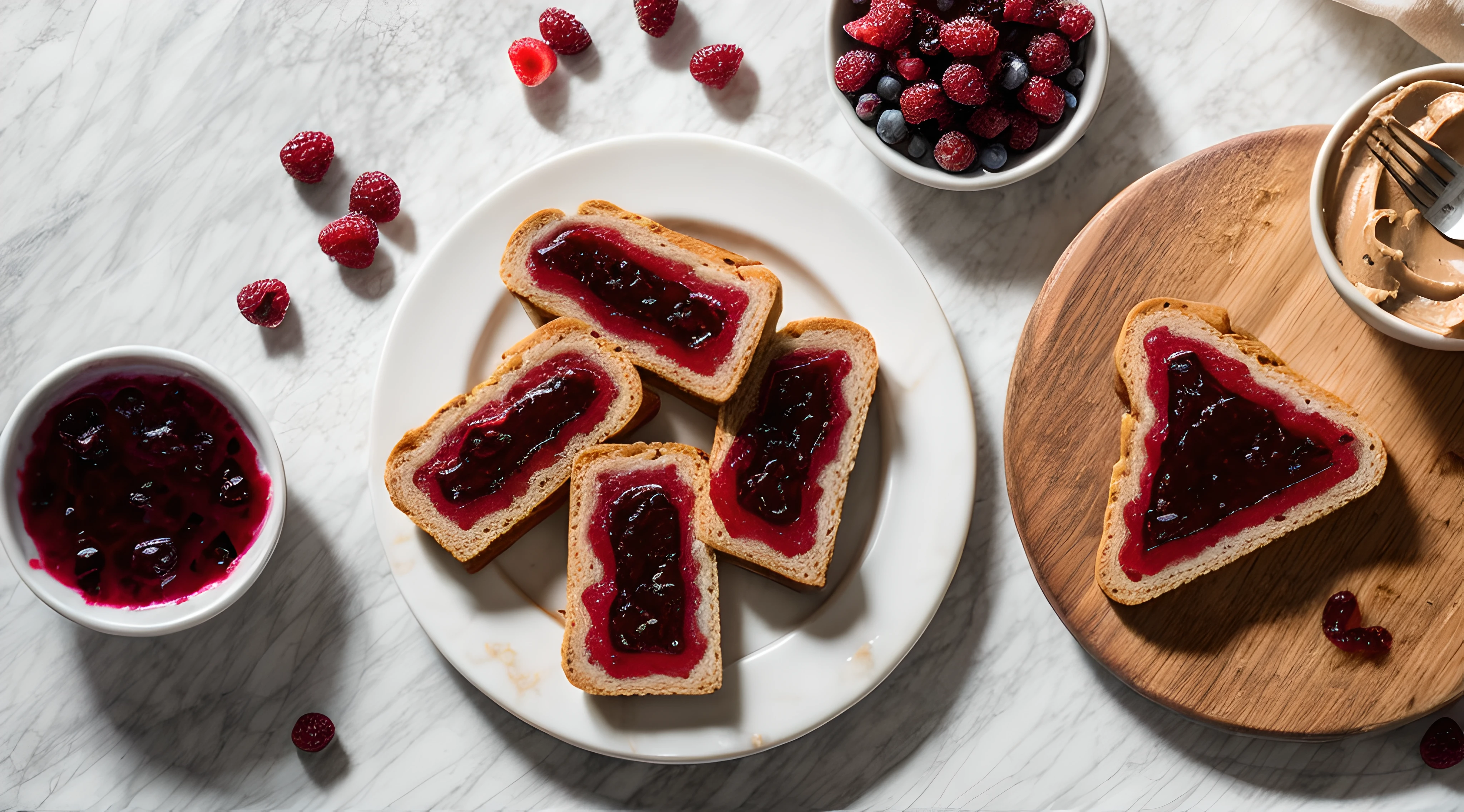 (peanut butter and jelly sandwiches on a white marble table) (aerial view) realistic photo, ultra definition image, perfect realistic details, perfect lighting, 4k hd image