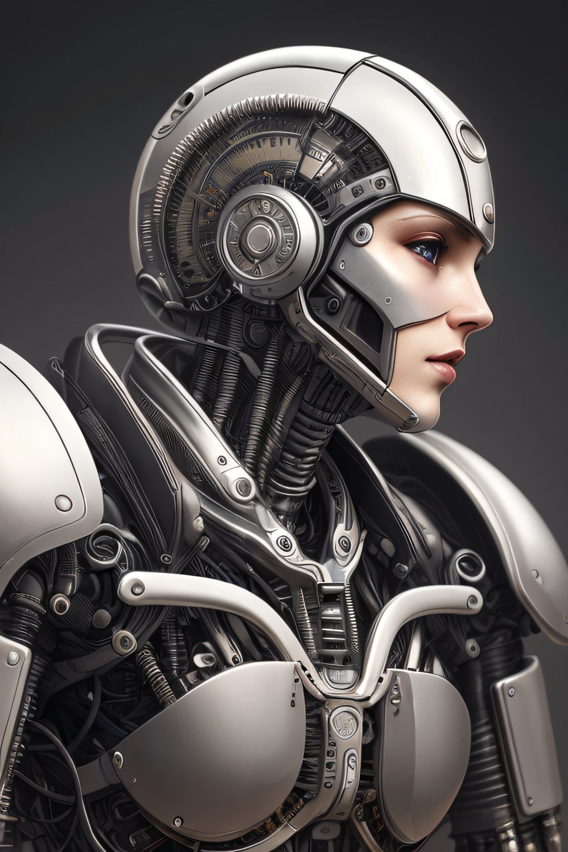 ultra detailed complex 3d rendering of a gorgeous porcelain profile android face, cyborg, robotic parts, 150 mm, beautiful soft studio light, rim light, vibrant details, luxurious cyberpunk, lace, hyper-realistic, anatomical, facial muscles, electrical cables, microchip, elegant, beautiful background, octane rendering, HR Giger style, 8k, best quality, masterpiece, illustration, extremely delicate and beautiful, extremely detailed, CG, unit, wallpaper, (realistic, photorealistic: 1.37), amazing, finely detailed, masterpiece, best quality, official art, 8k unit wallpaper CG extremely detailed, absurd, incredibly absurd, robot, silver helmet, full body,