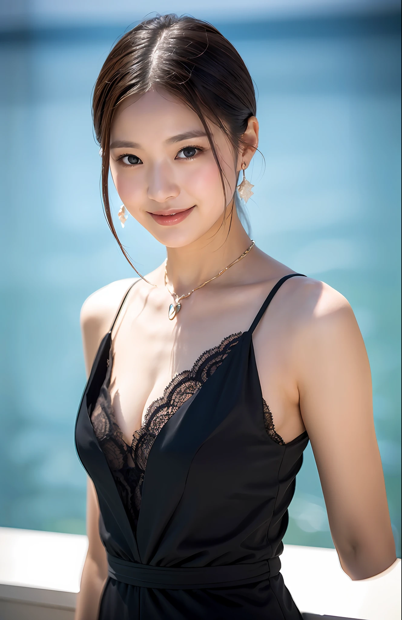 Turbulent posture, (very delicate and beautiful work), (masterpiece), 1girl, cute Japan girl in black evening dress, beautiful sea background, upper body to thighs, embarrassed, smile, lace, high definition, ridiculous, charming expression, chin raised, cheek blush, kissing face, beautiful clear eyes, green eyes, delicate necklace, delicate earrings, full body, various poses, simple background blurFine depiction, beautiful, attractive, ultra-fine painting, delicate face, delicate figure, thin collarbone, nice lips, beauty big, soft back, mix4, (8k, RAW photo, best quality), masterpiece: 1.2), (realistic, photorealistic: 1.37), one girl, cute, professional lighting, photon mapping, radiosity, physically based rendering