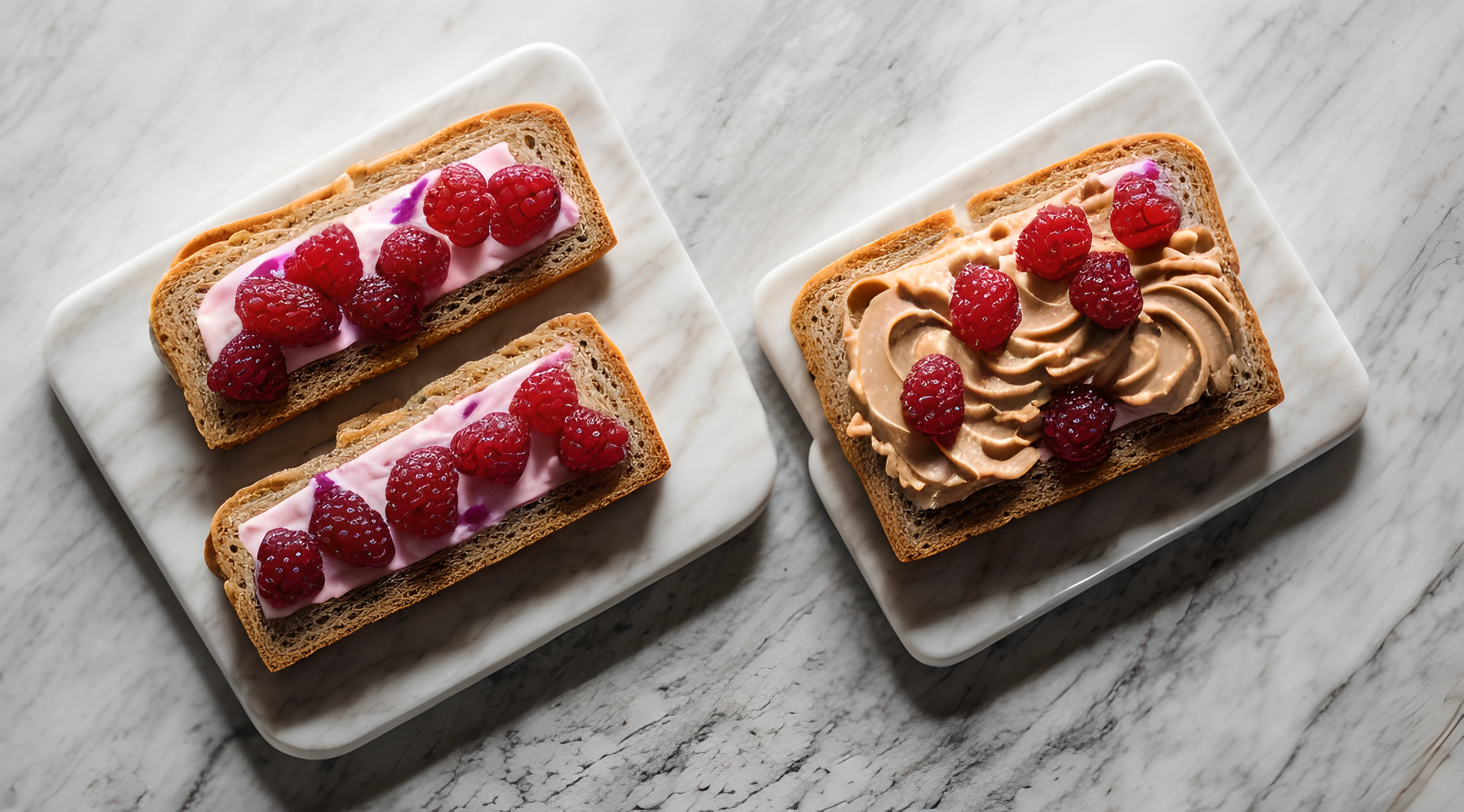 (peanut butter and jelly sandwiches on a white marble table) (aerial view) realistic photo, ultra definition image, perfect realistic details, perfect lighting, 4k hd image