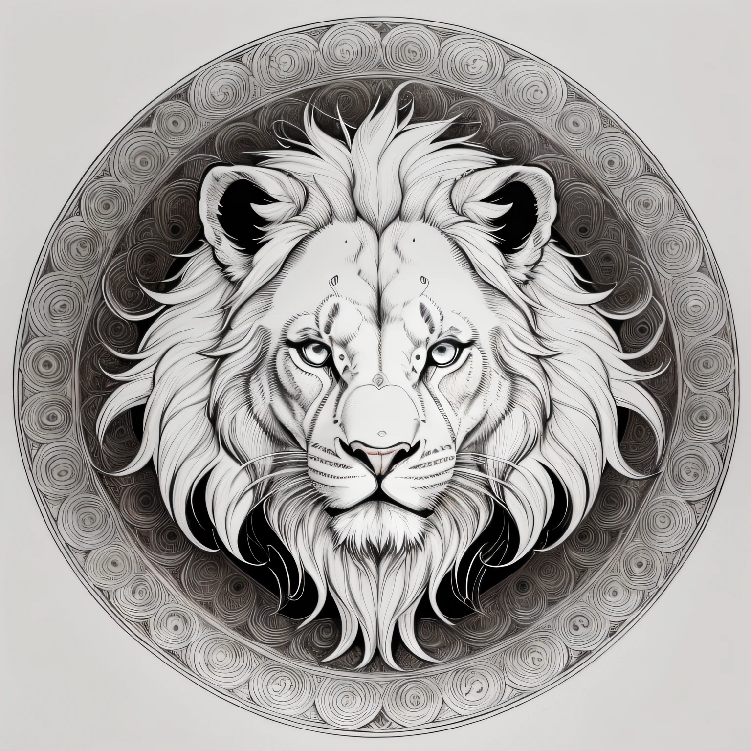 a close up of a drawing of a lion's head with a circular design, lion, lion head, half lion, third lion head, colored illustration for tattoo, by Adam Marczyński, highly detailed fine art, highly detailed vector art, a painting of white silver, symmetry!! portrait of hades, lion icon, face of an lion, highly detailed illustration