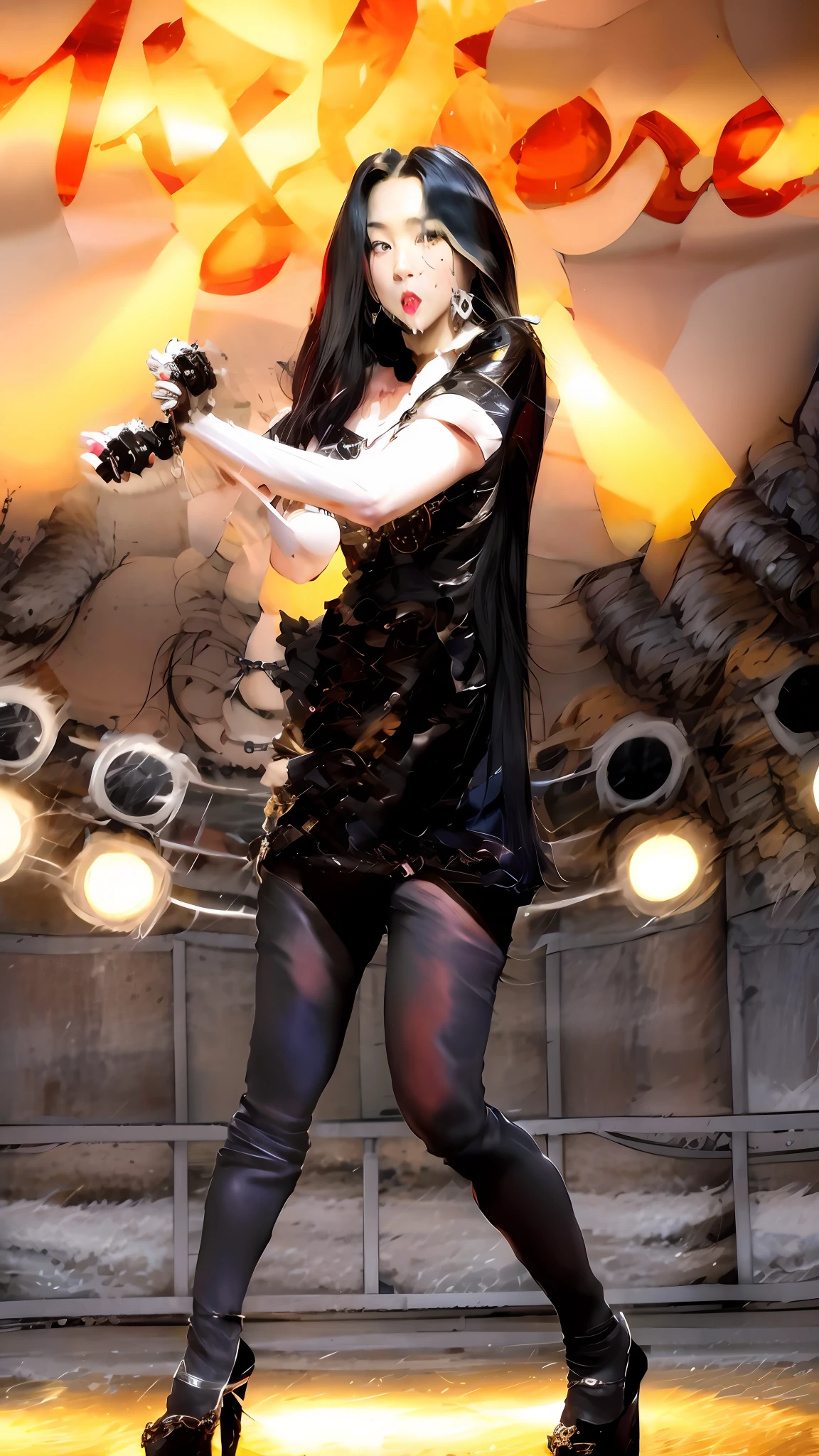 There is a woman in a black dress holding a microphone and wearing a Kudo Atsuko latex suit, she is a Woo A-mi (우아미) photorealistic photo from the Korean girl group wanna.b!, stylish pose, shot with a Canon EOS 5 D, with a slave at her feet chained by her