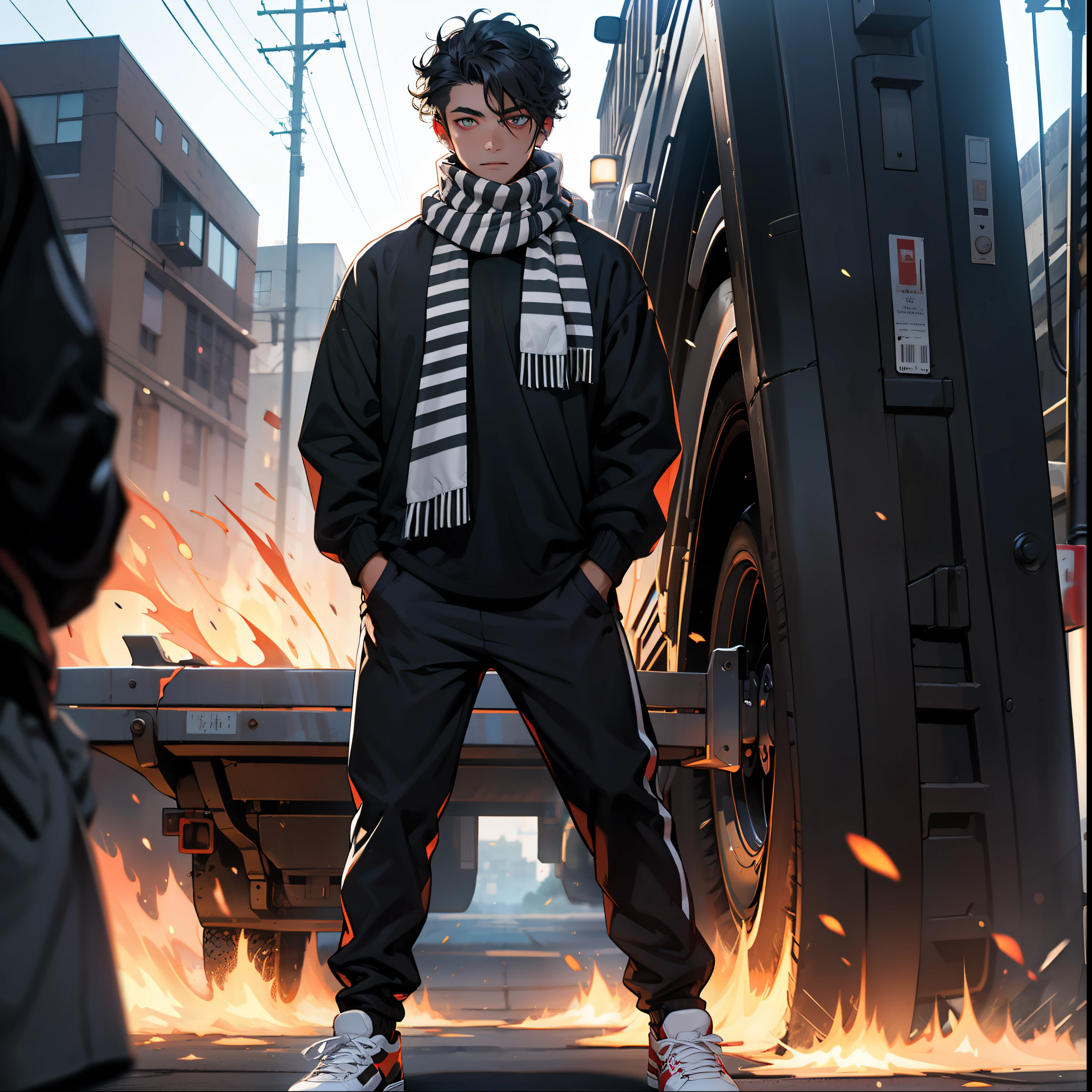 1boy, black skin, curly hair shaved to the sides, fire effect on eyes, black pants, black shirt, white sneakers, many silver accessories, black scarf with white stripes, 8k, maximum depth, perfect quality, bokeh, positioned standing, with hand in pocket,