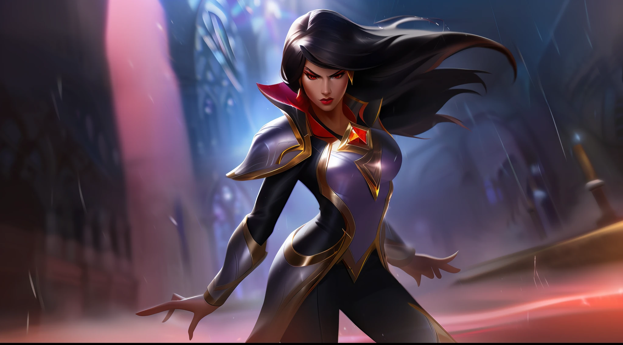 anime, a woman ((angry face) with long black hair with red eyes hidden among black smoke and ashes in a dark cathedral with a red light in her hand, low light, ray tracing, black armor, light from above, night, with rain, battle pose, ready to fight, cowboy shot, by akili, artgerm extremely detailed, from League of Legends, Zenra Taliyah, Artgerm style, Taliyah, Ireland, by Yang J, IG model | Artgerm, from League of Legends, LeBlanc, ! Artgerm Dream