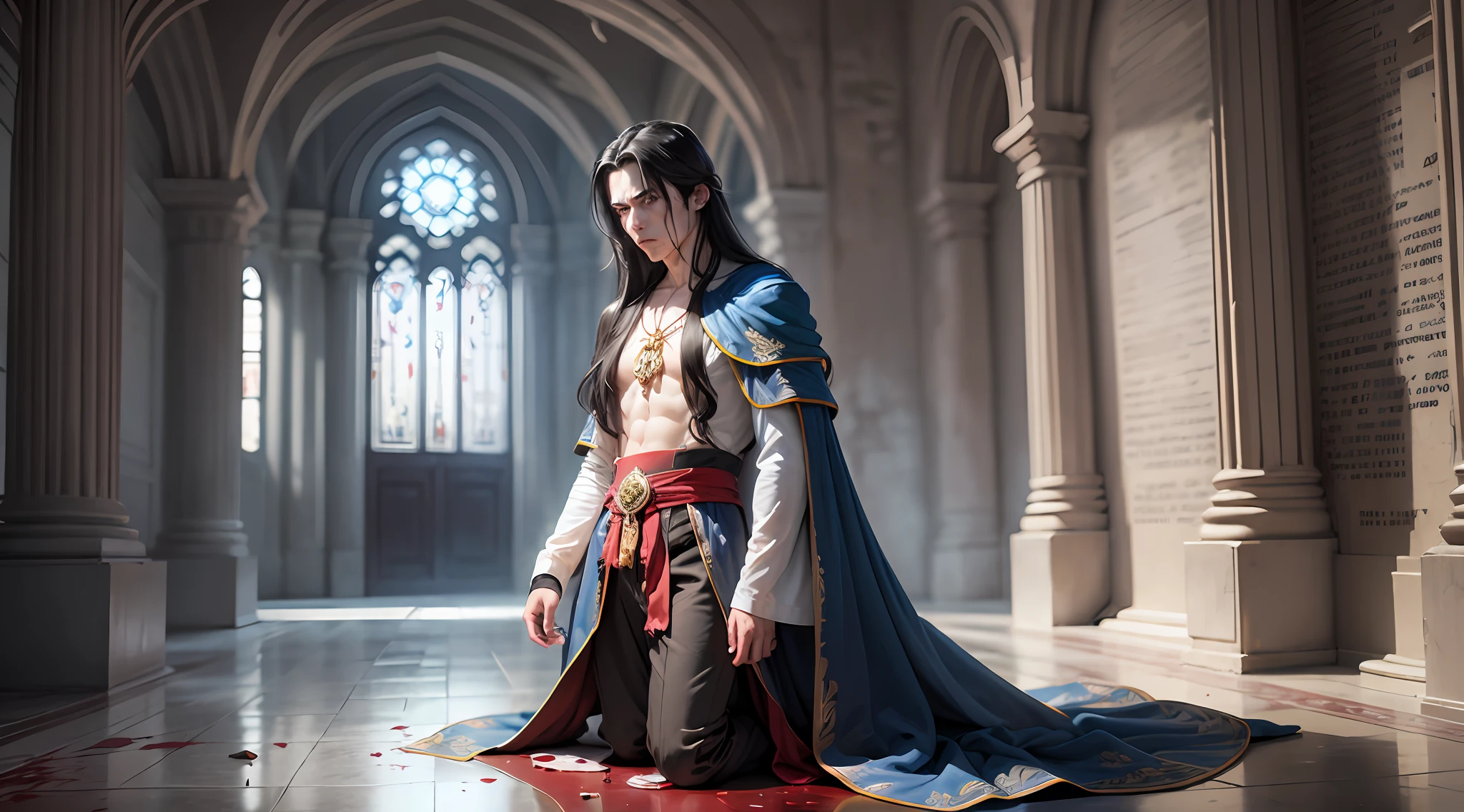 Comics, in the center of the hall in the temple, kneeling a handsome young man, long black hair, white and blue mage robe, long sleeves and trousers, blood stained abdomen, pale face, painful look, pale face, hands clasped, face front, focus on the character lens, fantasy city in another world --auto --s2