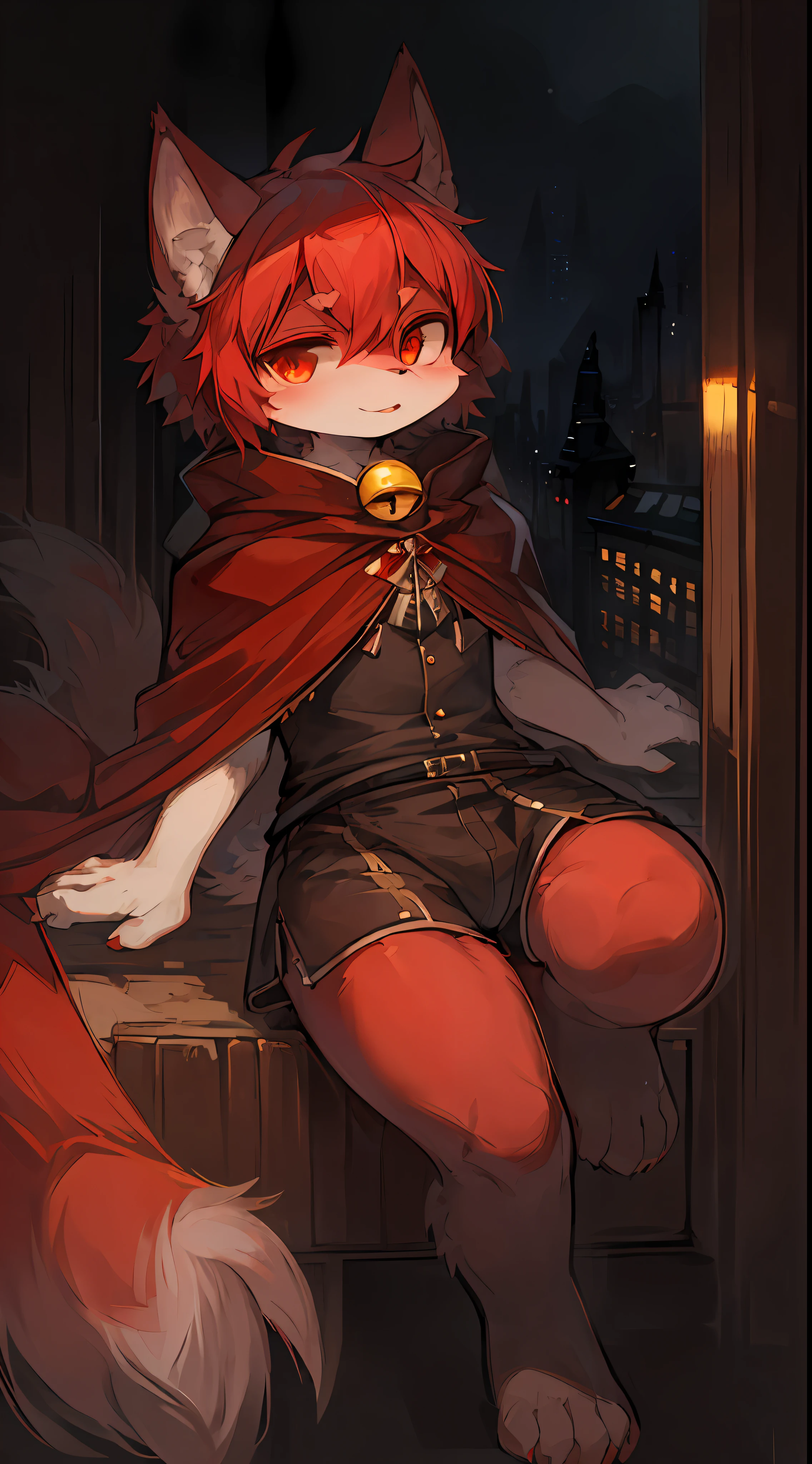 (Dark Environment: 0.8), Masterpiece, High Quality, Abstract Res, Digital Painting\(artwork\), by Dagasi, Yupa, Kiyosan, (Anthro, Fluffy Fur, Character Focus: 1.1), Anthro Male Cat, Short Hair, Portrait ,bright eyes, panorama, character focus. (Detailed background: 0.7), Solo, Furry, Hairy Male, Heteropupil, Expressionless, Male Focus, Anthr, (Full Body Fur, Fluffy Tail, Red Fur, Red Fur, Red Left Eye, Right Eye Gray, Red Hair, White Cheeks: 1.2), (Wolf Fox, Cloak: 1.2), (Interior, Night, Bell Tower, Firm Eyes: 1.2)