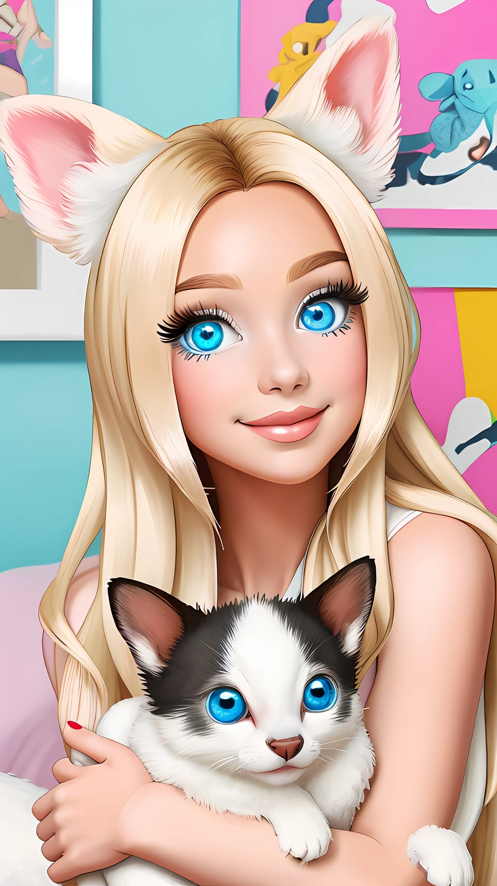 Digital drawing, Baby dog, fluffy white and with blurred fur, blue electric eyes, round anime style with bambi eyelashes, adorned with hearts, in a girl's room adorned barbie style
