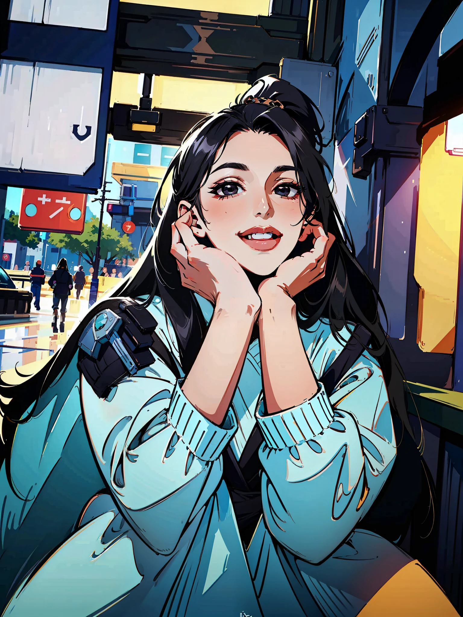 (masterpiece),(best quality:1.0), (ultra highres:1.0), detailed illustration, 8k, 1girl, beautiful, sage(valorant), Valorant, beautiful lady, elegant, black eyes, detailed eyes, black hair, detailed hair detailed, highlights on hair, ponytail, smiling, best quality, detailed