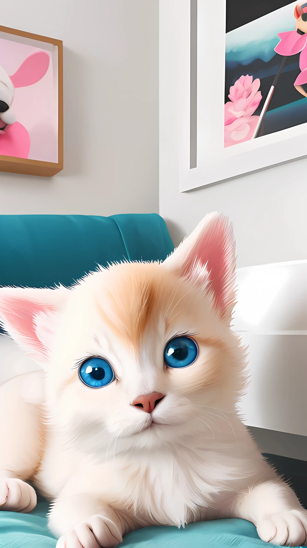 Digital drawing, dog, fluffy white and with blurred fur, blue electric eyes, round anime style with bambi eyelashes, adorned with hearts, in a girl's room adorned barbie style