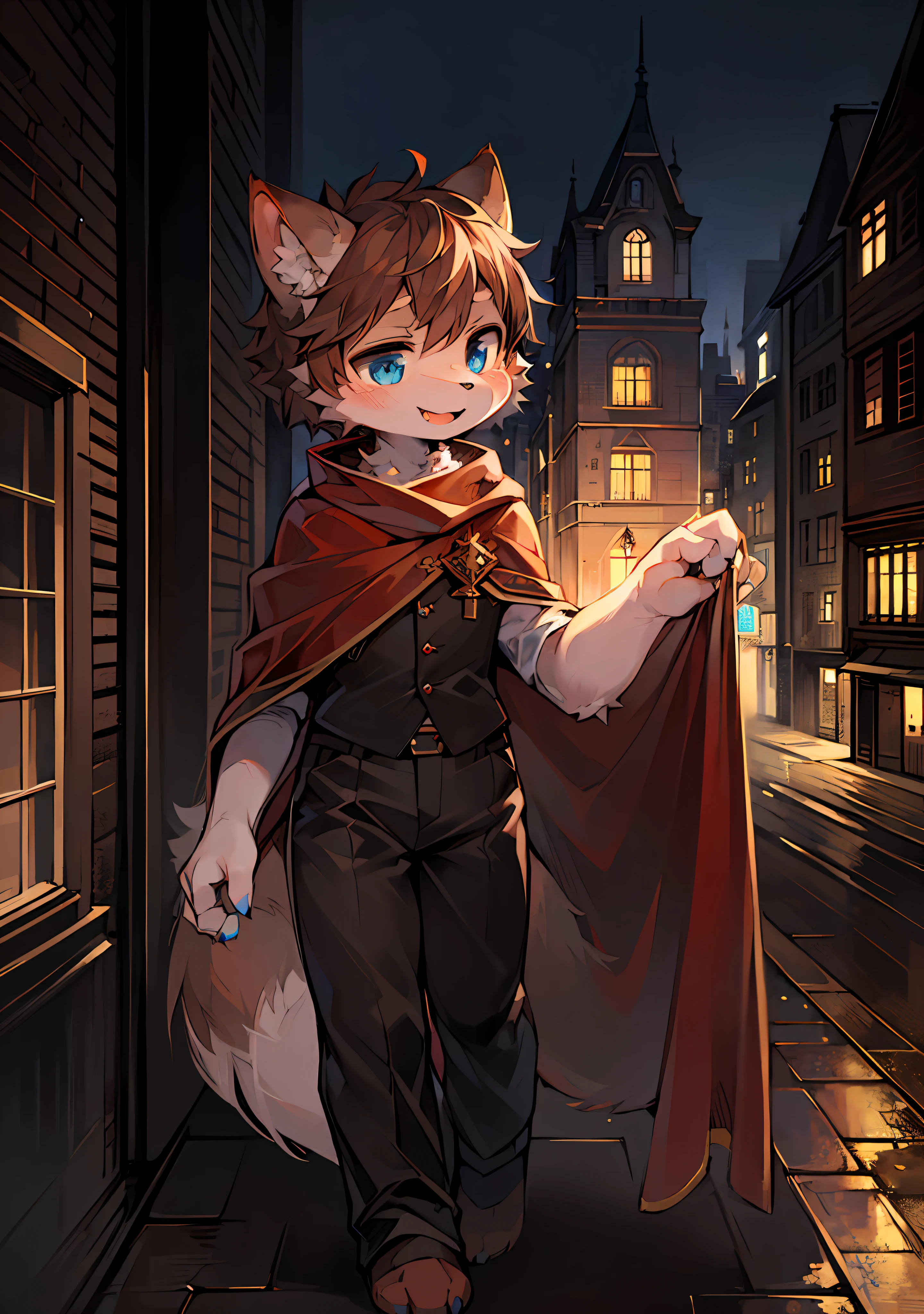 (Dark Environment: 0.8), Masterpiece, High Quality, Abstract Res, Digital Painting\(artwork\), by Dagasi, Yupa, Kiyosan, (Anthro, Fluffy Fur, Character Focus: 1.1), Anthro Male Cat, Short Hair, Portrait , bright eyes, panorama, character focus. (Detailed background: 0.7), Solo, Furry, Furry male, back, super cute face, looking into the distance, male focus, anthr, (full body fur, fluffy tail, white fur, blue eyes, brown hair: 1.1), (canine, integrity, cheerful, magician, cape: 1.2), (exterior, daytime, building: 2.0)