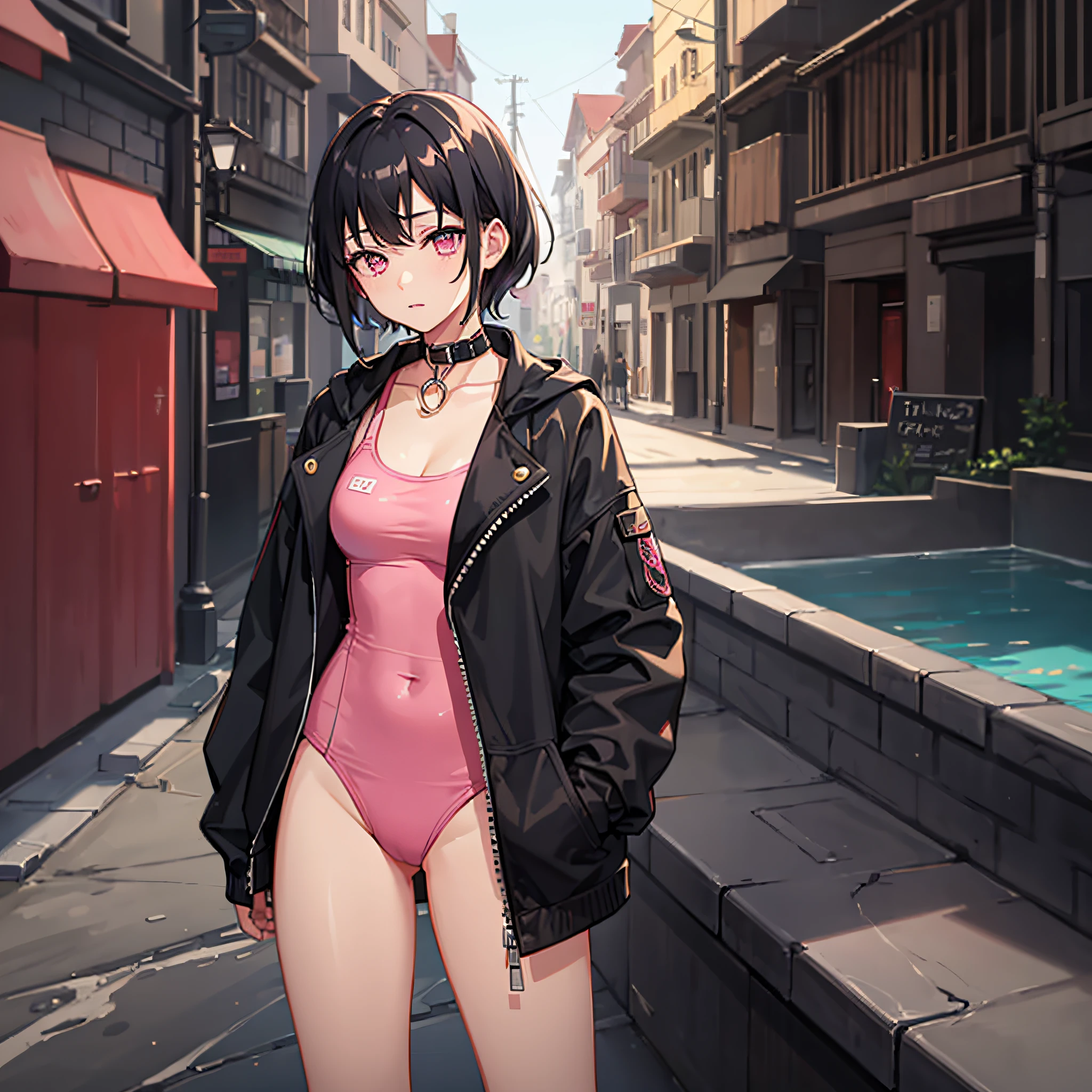 masterpiece, high quality, girl, short black hair, pink eyes, sleeping, collar, swimsuit, standing, bent knees, full-length,