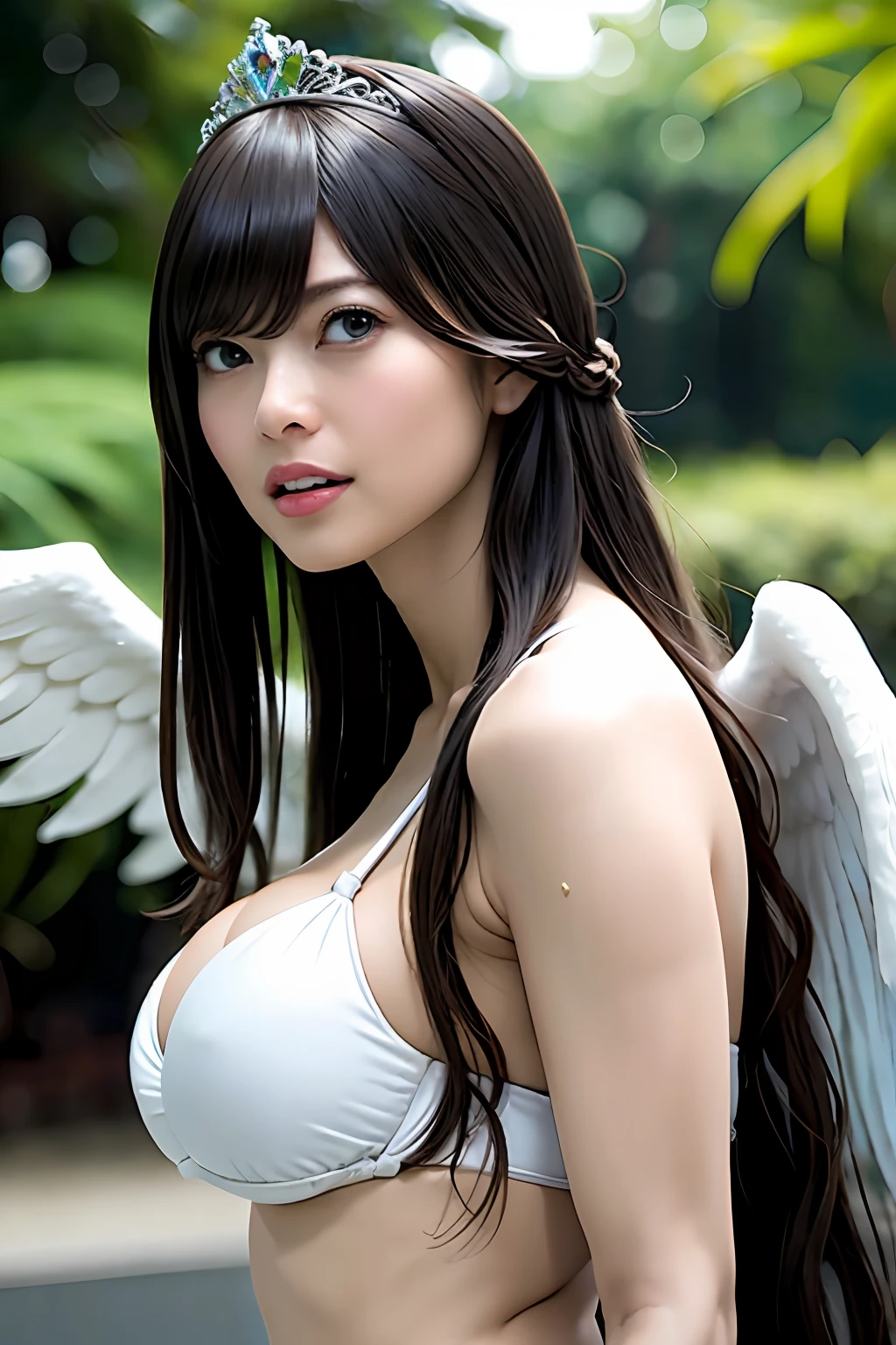 Ultra-detailed complex 3D rendering of the face, (Colossal: 8.8), (masterpiece, highest quality, octane rendering, 8K), glamour shot full body image, cleavage, (very detailed skin: 1.2), (exposure: 1.1), (blonde))), (minuscule white micro bikini: 1.5)), beautiful Caucasian woman with full soft breasts and white skin, one, long braided hair, with big buttocks, Big breasts, dynamic angle, mystical expression, ultra-realistic photo, (((((portrait)))), bare feet, futuristic city background, facial muscles, detailed and beautiful queen tiara, in the style of Marvel Comics, clear focus, studio photography, intricate detail, highly detailed, detailed yellow eyes, sharp focus, digital rendering, professional, abs, (( (sexy pose))), natural jungle, lightly open mouth, mansuji, crotch open, seductive look, angel ring, detailed angel wings, sweating, sweating, clean mouth, anatomically correct,