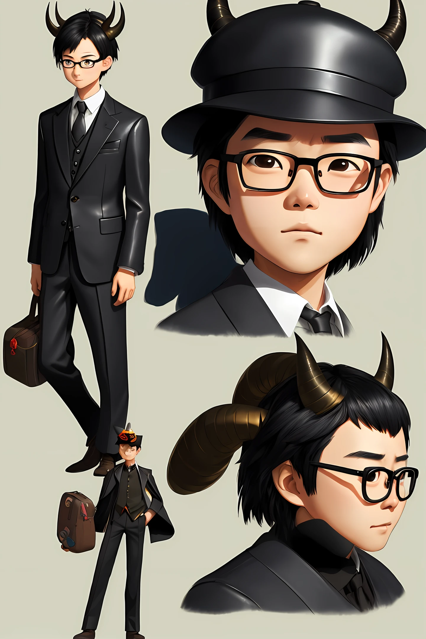 Young with oriental face in leather hat, horns, formal suit, short black hair, silver glasses, digital painting, 3D character design by Mark Clairedon and Pixar and Hayao Miyazaki and Akira Toriyama, the illustration is a high definition illustration in 4K resolution with very detailed facial features and cartoon-style visuals.