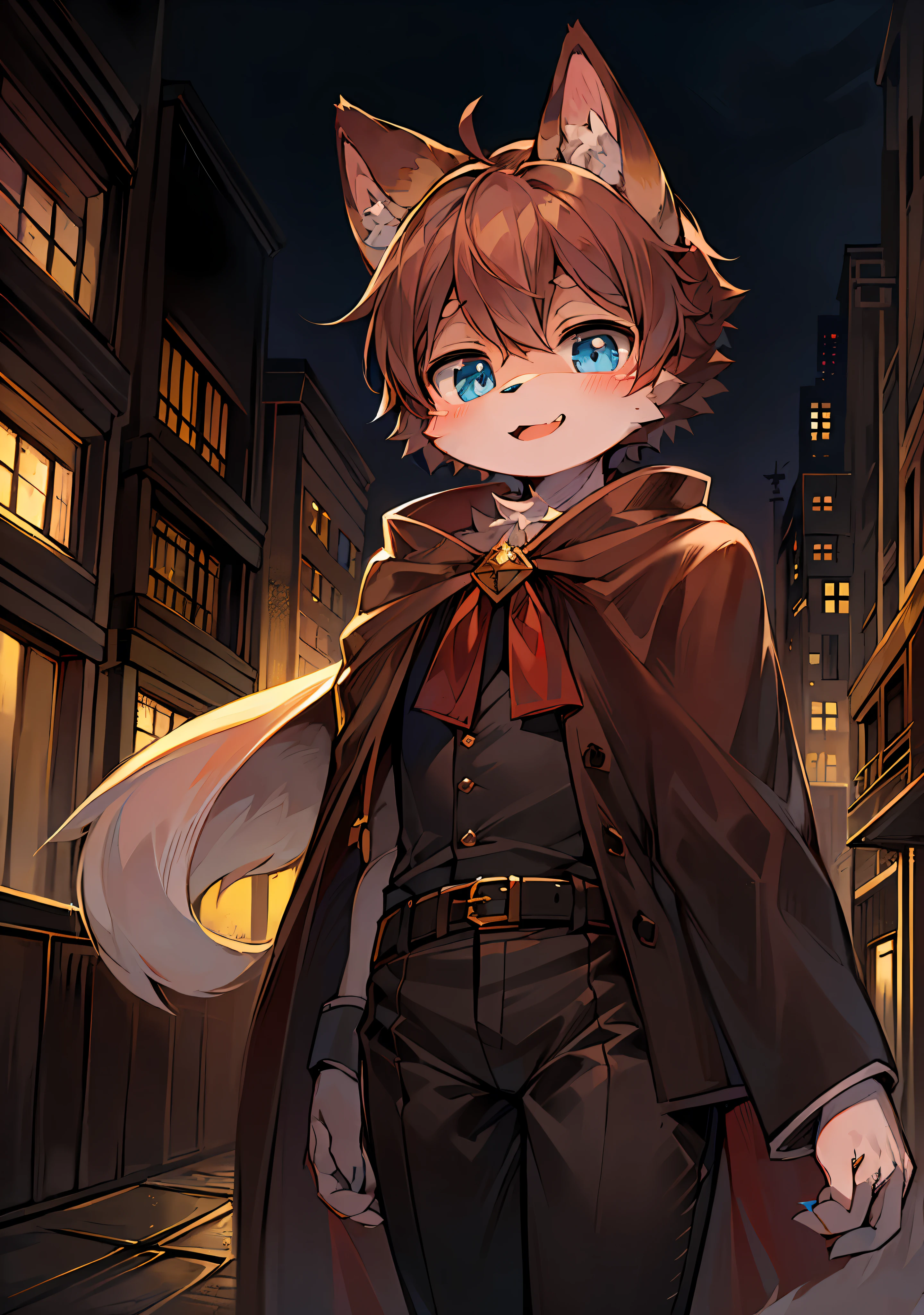 (Dark Environment: 0.8), Masterpiece, High Quality, Abstract Res, Digital Painting\(artwork\), by Dagasi, Yupa, Kiyosan, (Anthro, Fluffy Fur, Character Focus: 1.1), Anthro Male Cat, Short Hair, Portrait , bright eyes, panorama, character focus. (Detailed background: 0.7), Solo, Furry, Furry male, back, super cute face, looking into the distance, male focus, anthr, (full body fur, fluffy tail, white fur, blue eyes, brown hair: 1.1), (canine, integrity, cheerful, magician, cape: 1.2), (exterior, daytime, building: 2.0)