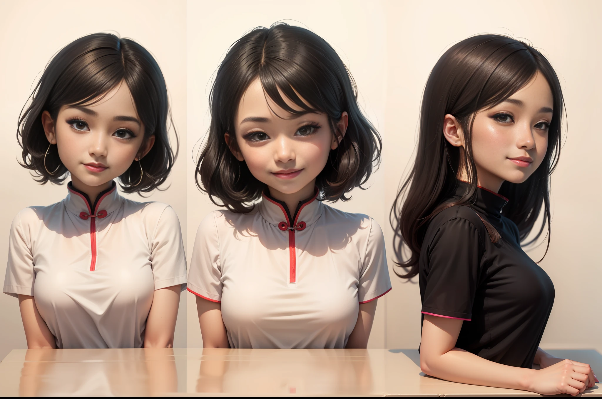 smile girl,black hair,popmart,chinese girl, cute character, chibi,front view, Global Illumination, solid color background, Ultra HD --auto