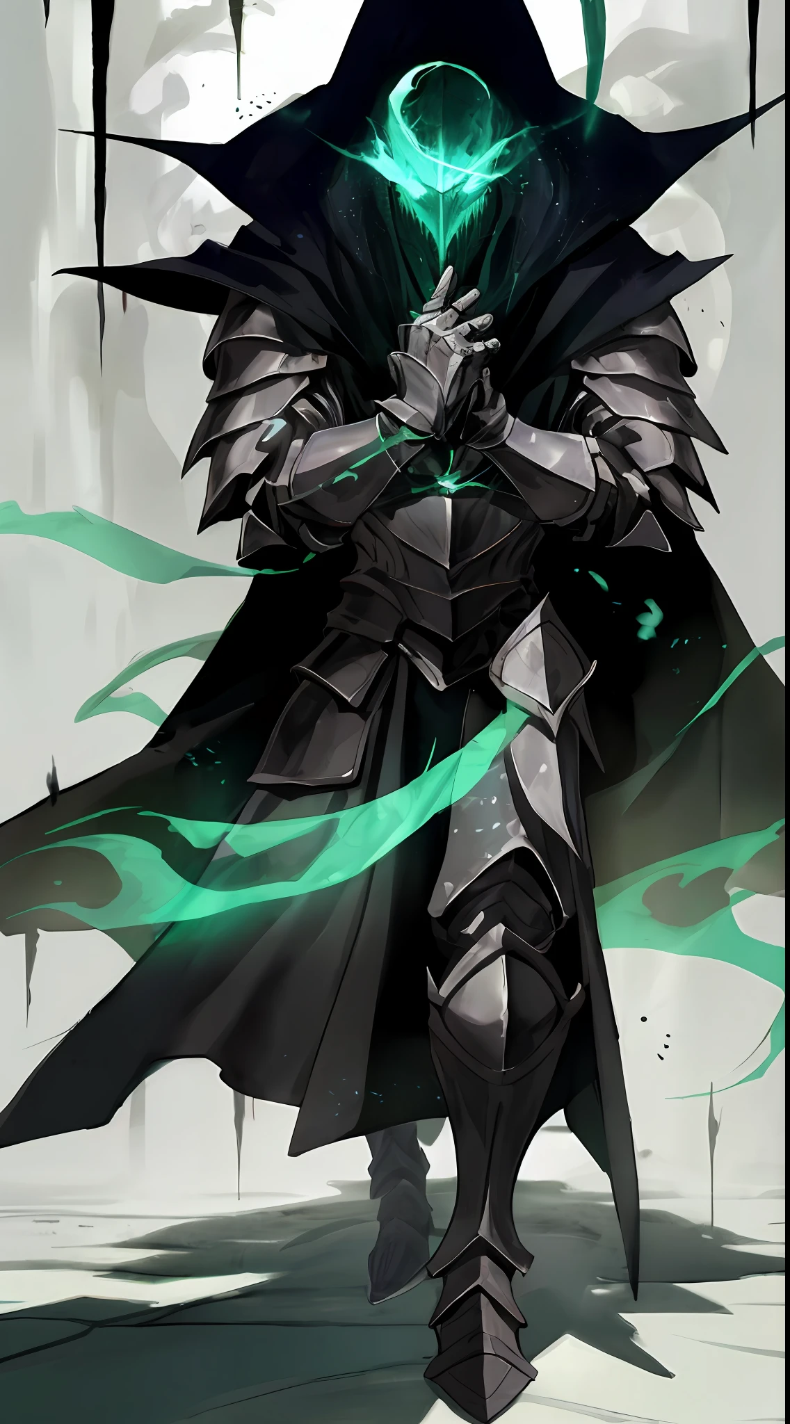 High quality, masterpiece, extreme detail, male black knight, wearing black magic armor, shadow covering face, evil deep, black cloak, green magic special effects, green magic