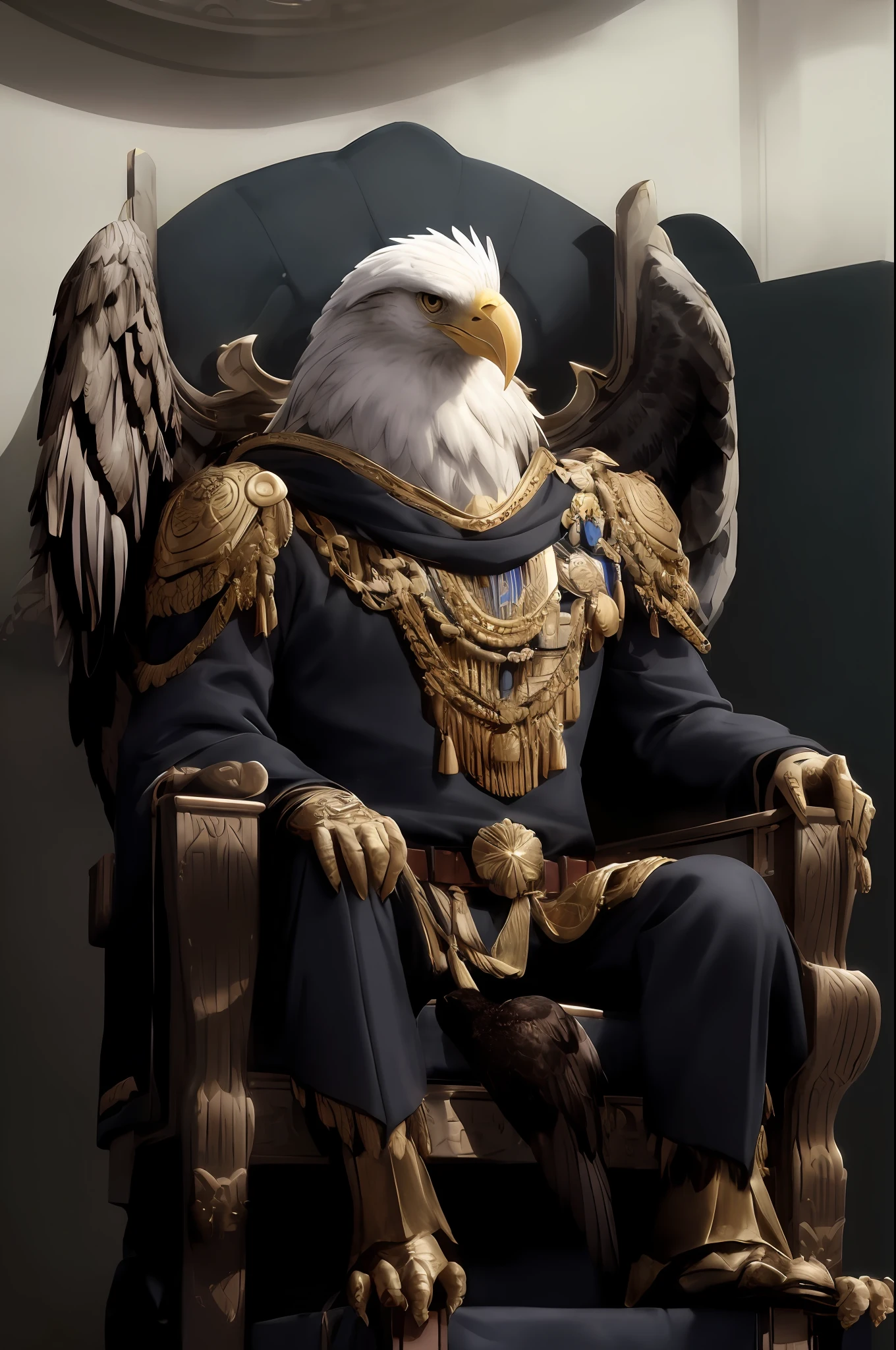 araffe sitting on a throne with a bald eagle on it, perched on intricate throne, black aarakocra eagle warlord, an eagle, majesty in noble clothes, majestic symmetrical eagle wings, regal pose, sitting on his throne, portrait of emperor of mankind, the god emperor of mankind, god emperor , with an eagle emblem, avian warrior
