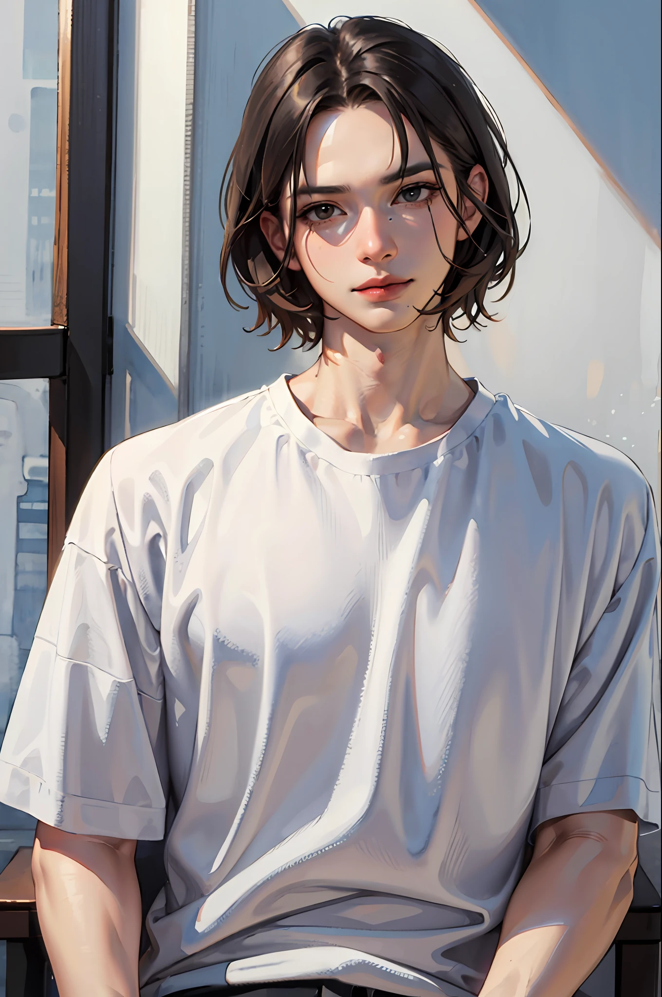(Male) (Masterpiece: 1.2, highest quality), (highly detailed face, realistic photos, realistic skin, intricate details), Solo, 1MILF, casual, black hair, slightly muscular man, slim, thick and dignified, large curved eyebrows, big eyes, black eyes, chiseled features, large nose, wide forehead, brown skin, tear bags, long lashes, white shirt, watercolor, painting, hand-drawn lines