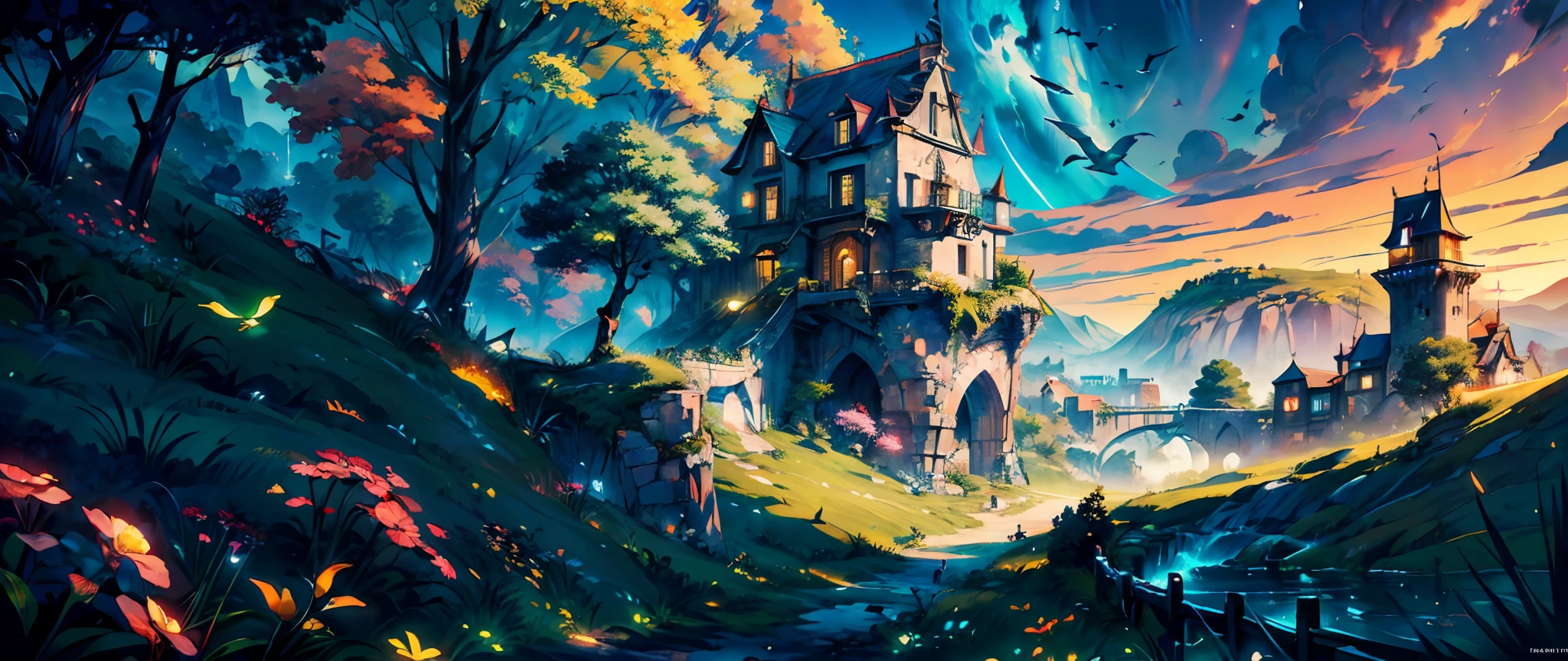 ((masterpiece,best quality,official art,unity 8k wallpaper, highres, (1girl:1.4),looking away,(breathtaking landscapes:1.2), natural wonders, serene vistas, outdoor exploration, (diverse ecosystems:1.2), scenic beauty, tree,castle,village,flowers,bridge,fence, (birds:1.2),BREAK,Detailed,Realistic,4k highly detailed digital art,octane render, bioluminescent, BREAK 8K resolution concept art, realism,by Mappa studios,masterpiece,best quality,official art,illustration,ligne claire,(cool_color),perfect composition,absurdres, fantasy,focused,rule of thirds,