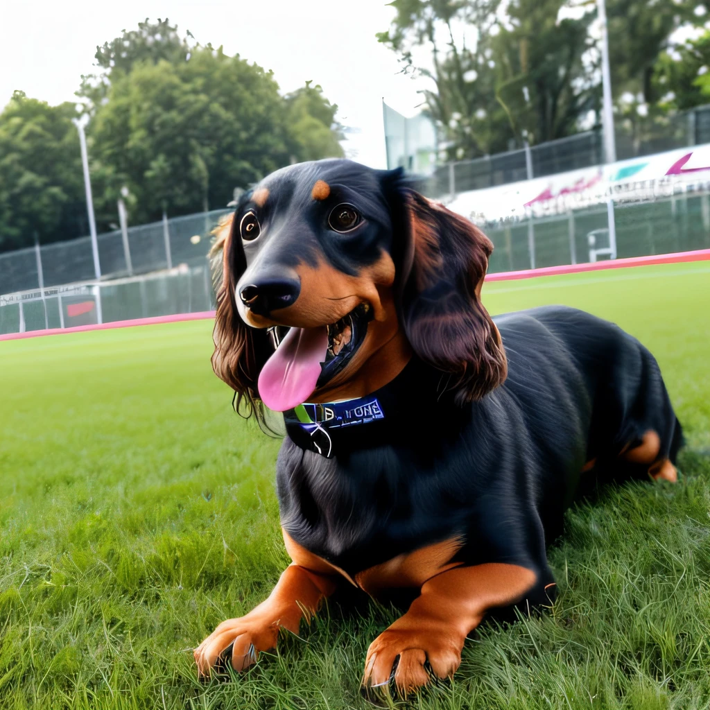 Long fur dachshund, (((Masterpiece, 8K, highest precision,))) Black tan, black: 1.5 and brown: 0.3, (((Long fur, long wavy fur)) long fluffy hair, (Short legs,))) mouth open, tongue out, heavy breathing, laughing face, on the grass of the sports park, strong sunlight, sun,