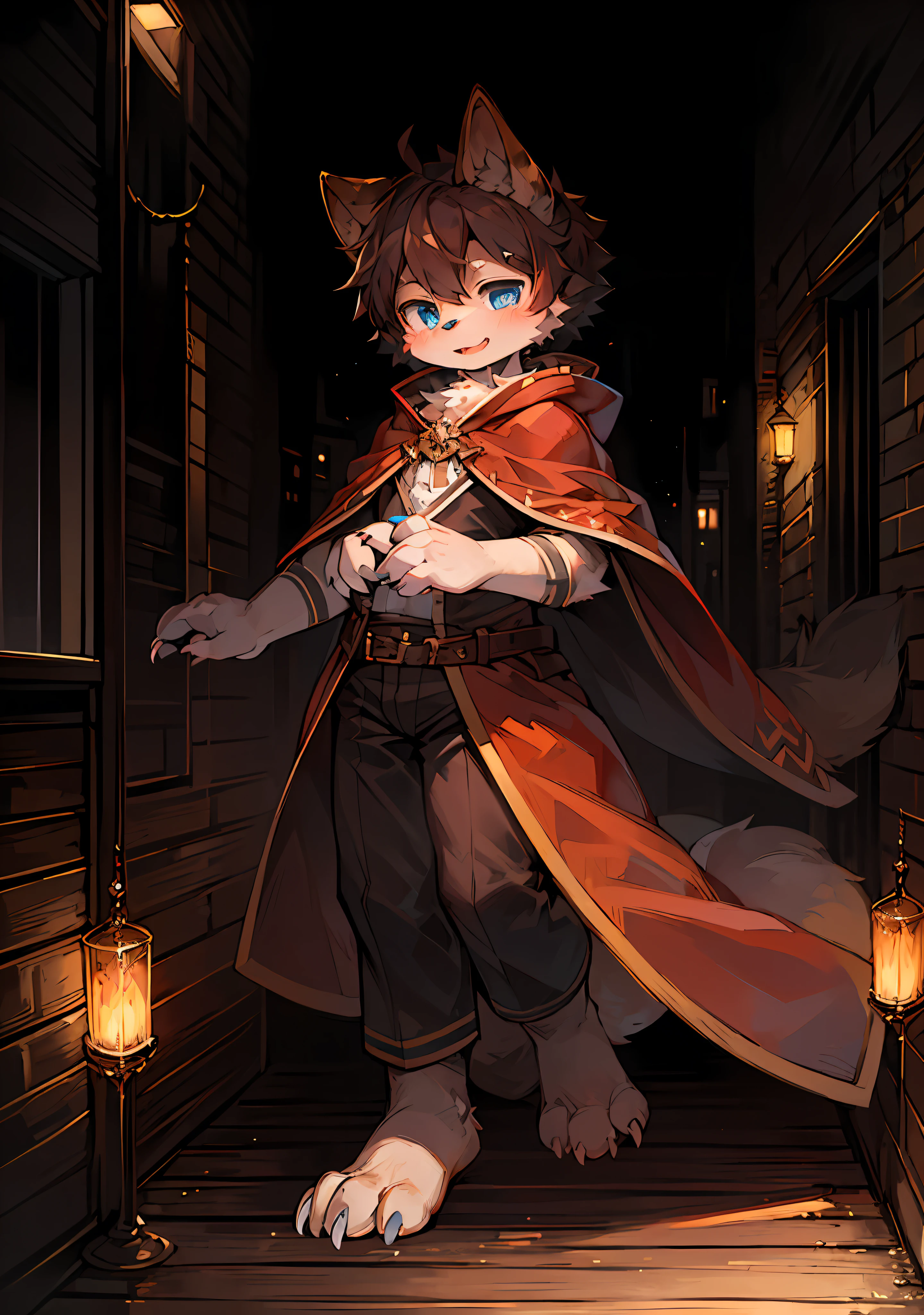 (Dark Environment: 0.8), Masterpiece, High Quality, Abstract Res, Digital Painting\(artwork\), by Dagasi, Yupa, Kiyosan, (Anthro, Fluffy Fur, Character Focus: 1.1), Anthro Male Cat, Short Hair, Portrait , bright eyes, panorama, character focus. (Detailed background: 0.7), Solo, Furry, Hairy Male, Super Cute Face, Extended Claws, Meat Mat, Male Focus, Anthr, (Full Body Fur, Fluffy Tail, White Fur, Blue Eyes, Brown Hair: 1.2), (Canine, Upright, Cheerful, Lively, Magician, Cloak: 1.2), (Exterior, Daytime: 1.4)