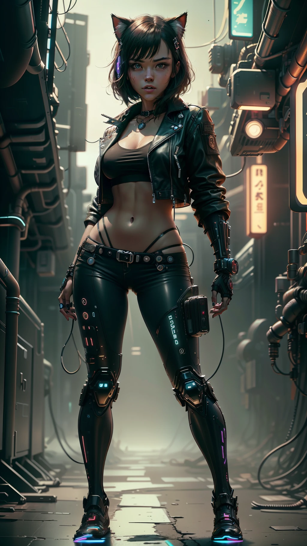 Beautiful full body shot of Reika Shimohira as a Nekomata catgirl, slender body, slender hips, big breasts, wearing full ((heavy cyberpunk armor)) with neon trim, ((leather tech jacket)), cat ears, cat tail, science fiction, cyberpunk city in the background, Gantz, In the Style of Cyberpunk 2077, Ultra realistic photo, masterpiece, best quality, CG, wallpaper, HDR, high quality, high-definition, extremely detailed, {beautiful detailed face}, {beautiful detailed eyes}, (detailed light){{intricate detail}}, {highres}, ((detailed face)), neon light, chiaroscuro, key visual, intricate detail, highly detailed, breathtaking, vibrant, cinematic