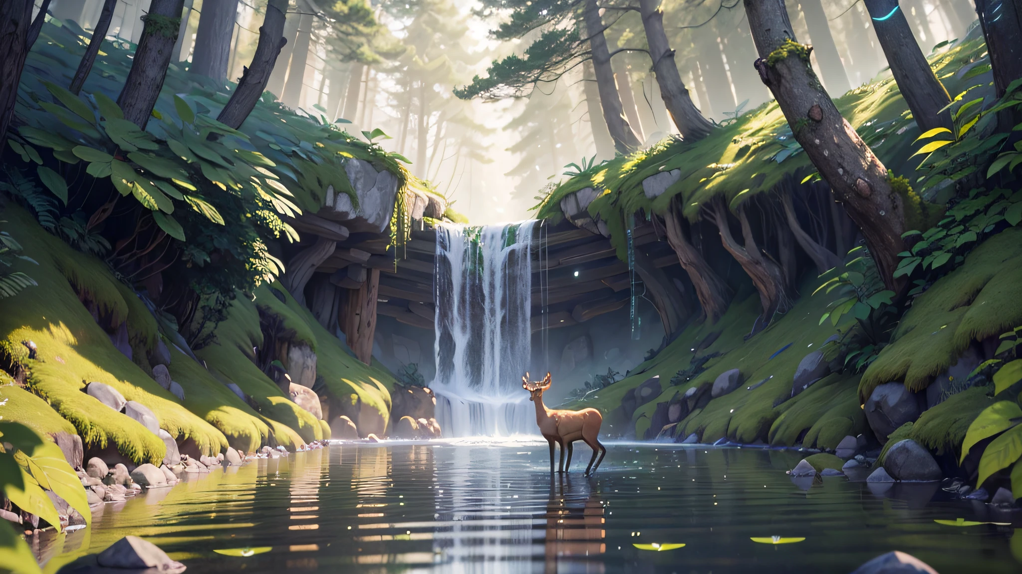 "Scenic landscape featuring a majestic waterfall, meandering river, picturesque forest on the opposite bank, captivating view of a deer, and a cozy campfire in the foreground."