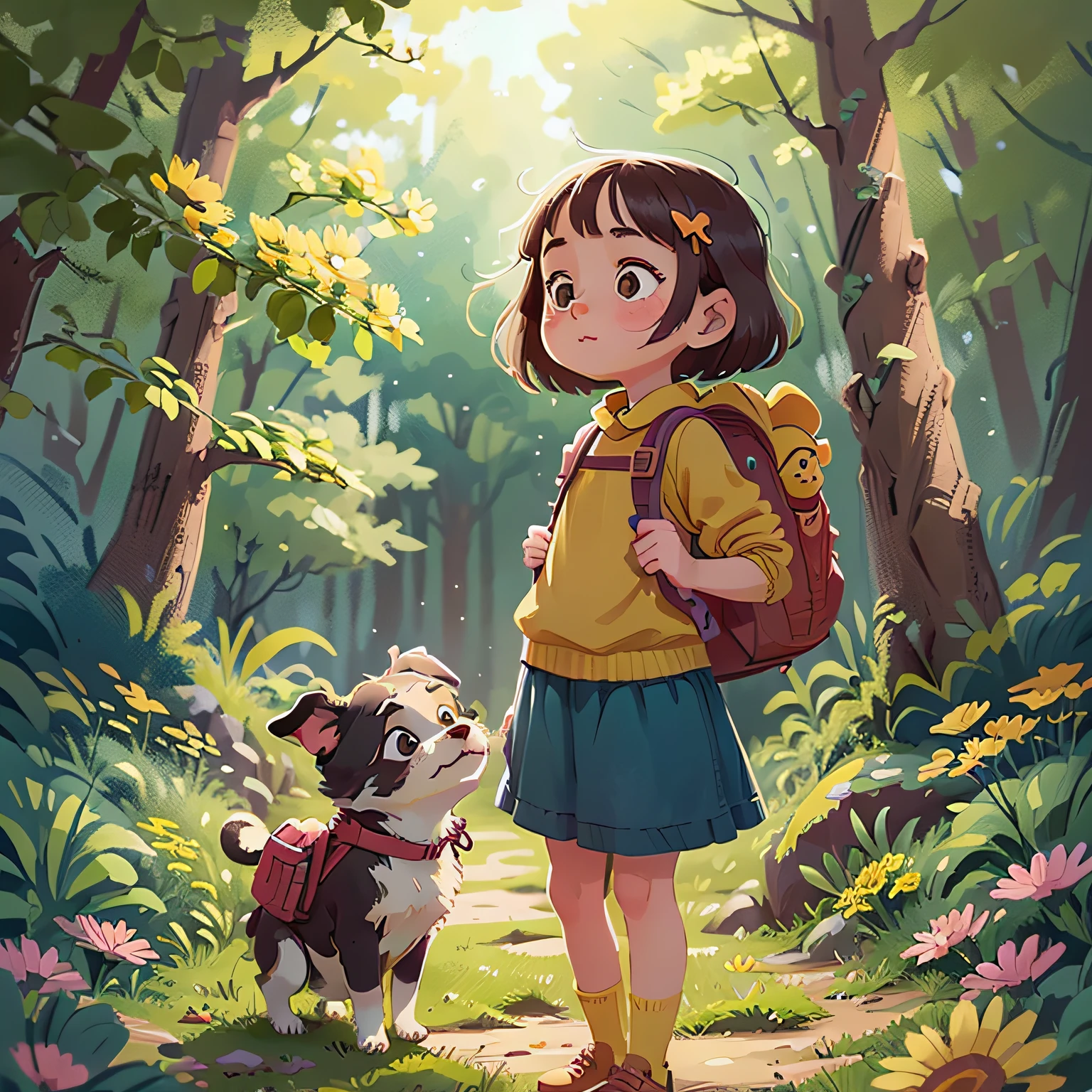 Tip: A very charming little girl with a backpack and her adorable puppy enjoying a lovely spring outing surrounded by beautiful yellow flowers and nature. The illustration is a high-definition illustration in 4K resolution with highly detailed facial features and cartoon-style visuals.