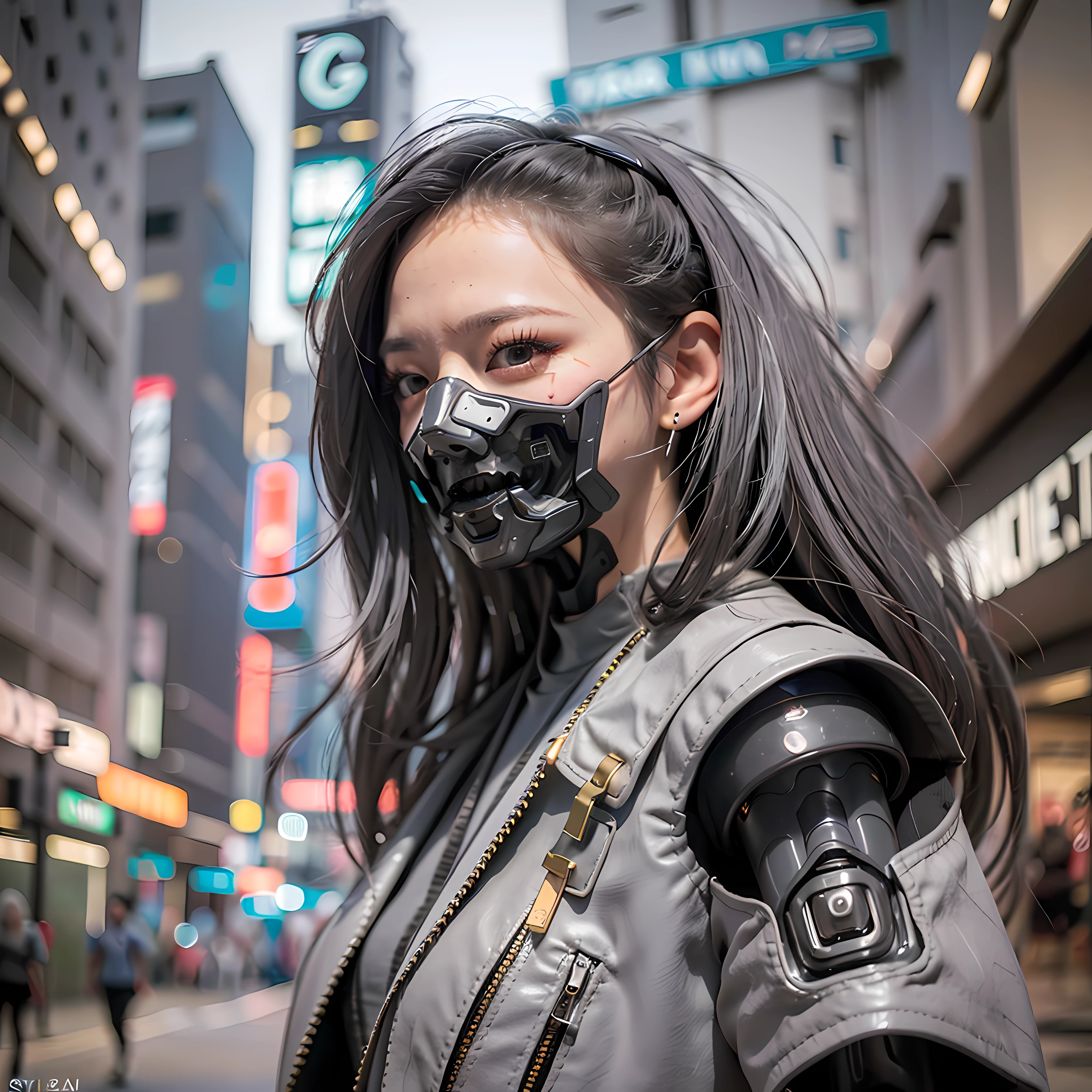 (Photorealistic:1.4), (Best Quality:1.0), (Ultra Resolution:1.0), (8K, RAW Photo), (Masterpiece:0.2), Portrait, Facial Focus,
(Cybernetic_Jawless), (mask), mechanical parts, cybernetics, 1 girl, asian girl, jacket, (long hair:1.5), (gray hair:1.5),
Cyberpunk Street background, (neon: 1.2),