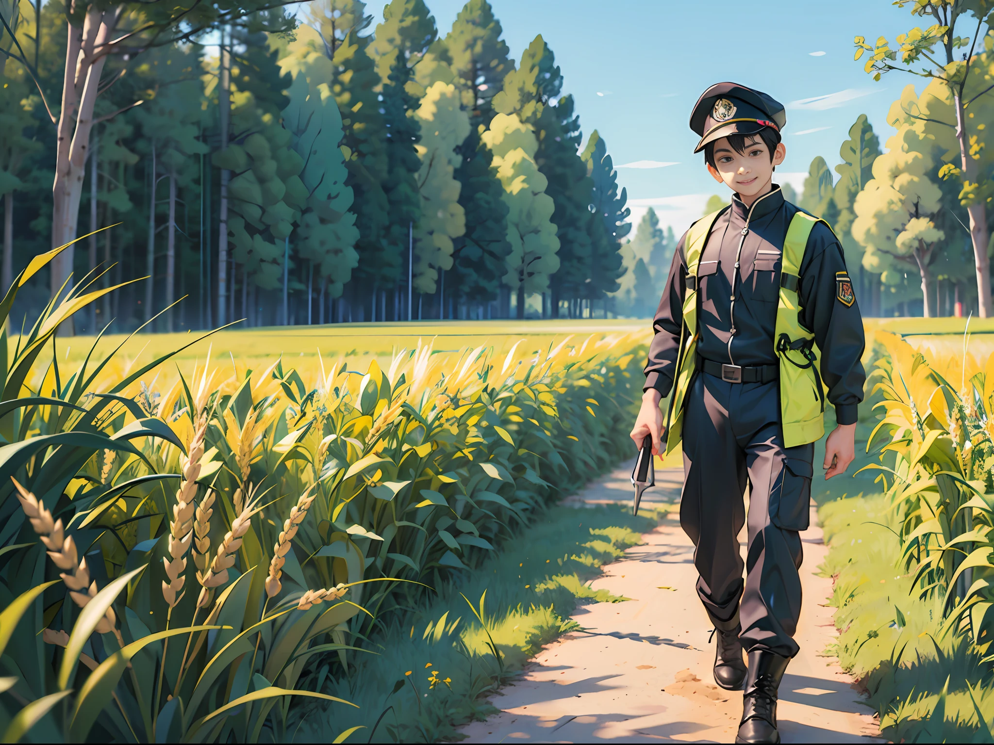 Cute little man in wheat field, cartoon style 3 dende, short hair, green wheat field, walking to the audience, green wheat all around, close to wheat, facing the audience, blue sky in the distance, soft colors, fine luster, OC rendering of the highest quality, 4K, super detailed, ((engineer uniform)), ((holding wrench)), ((wearing black cap)), black hair, happy face, ((engineer style)), farmer, handsome face, asian character, full body, hand in the air, hand point to shoulder level