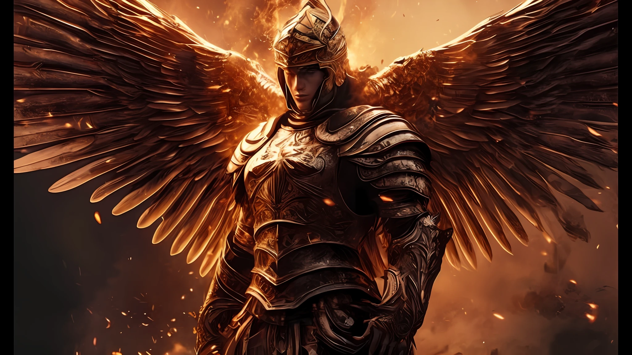 Best quality masterpiece A man in armor with wings standing in front of a fire, Archangel, wearing winged helmet, Angel of Verdun, Holy Armor, Angelic Golden Armor, Armor Angle with Wing, Archangel Michael, Knight of Black Souls, In the Style of Black Souls 3, Epic Angel Wings, Valkyrie, Angel in Plastic Armor, The Knight of Black Souls, Undead Winged Hussar