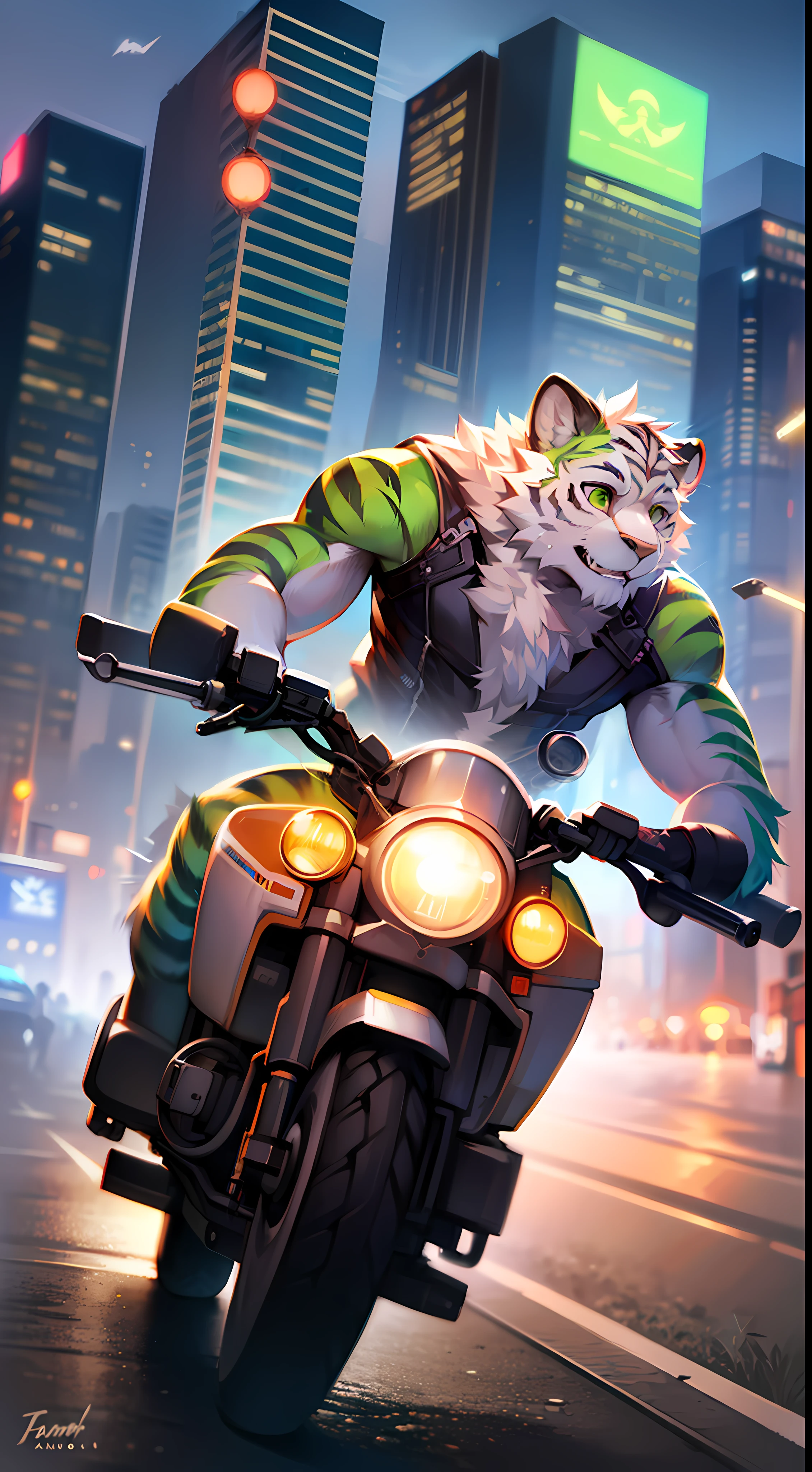 sexy male cyborg furry riding motorcycle, white tiger race, white fur, green markings, futuristic city, cyberpunk, depth of field, motion blur, panning lens,