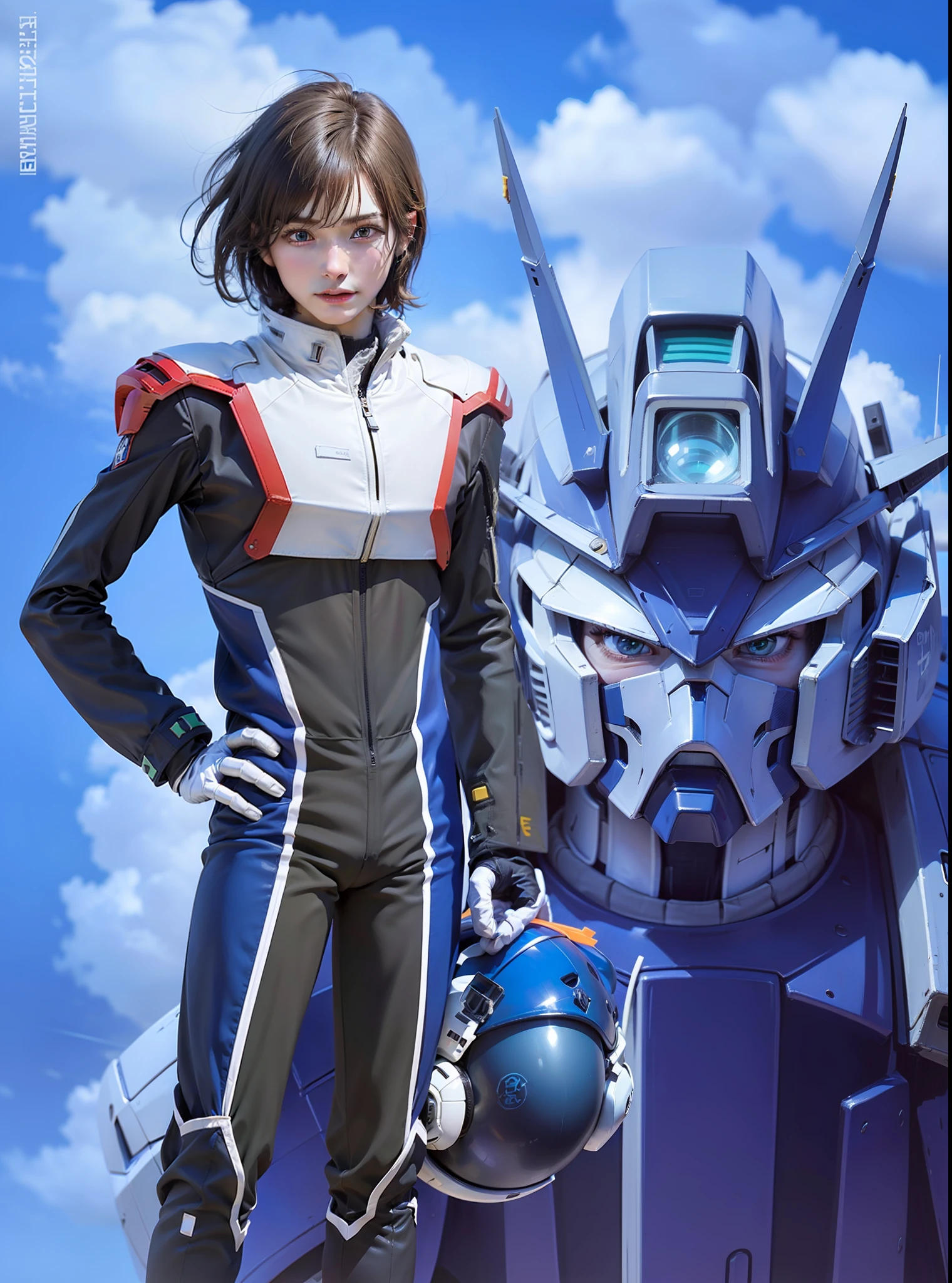 Best quality, masterpiece, ultra high res, (photorealistic:1.4) a (male:1.4), (caucasian:1.4),  detailed skin, detailed eyes, shiny skin, suit pilot blue white black red, short hair, pilot space suit, pilot gundam, green yellow little bird, gloves white, detailed suit pilot, harajuku hair, brown hair, straight hair, detailed hair, blue black white helmet pilot gundam, detailed helmet pilot gundam, freedom robot gundam, detailed robot gundam, clean eyes, detailed face gundam