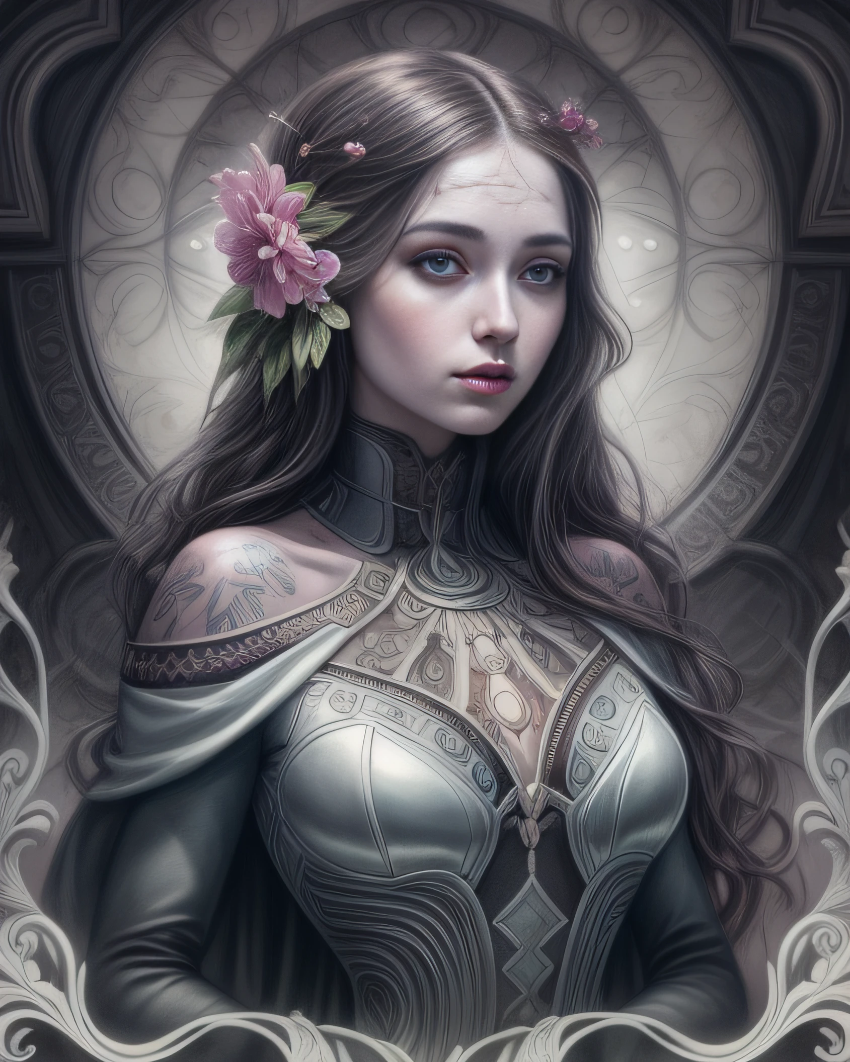 arafed woman with a tattoo on her chest and a flower in her hair, detailed matte fantasy portrait, artgerm and tom bagshaw, tom bagshaw artstyle, dark fantasy style art, charlie bowater character art, neoartcore and charlie bowater, fantasy art portrait, fantasy concept art portrait, stunning digital illustration, tom bagshaw inspired