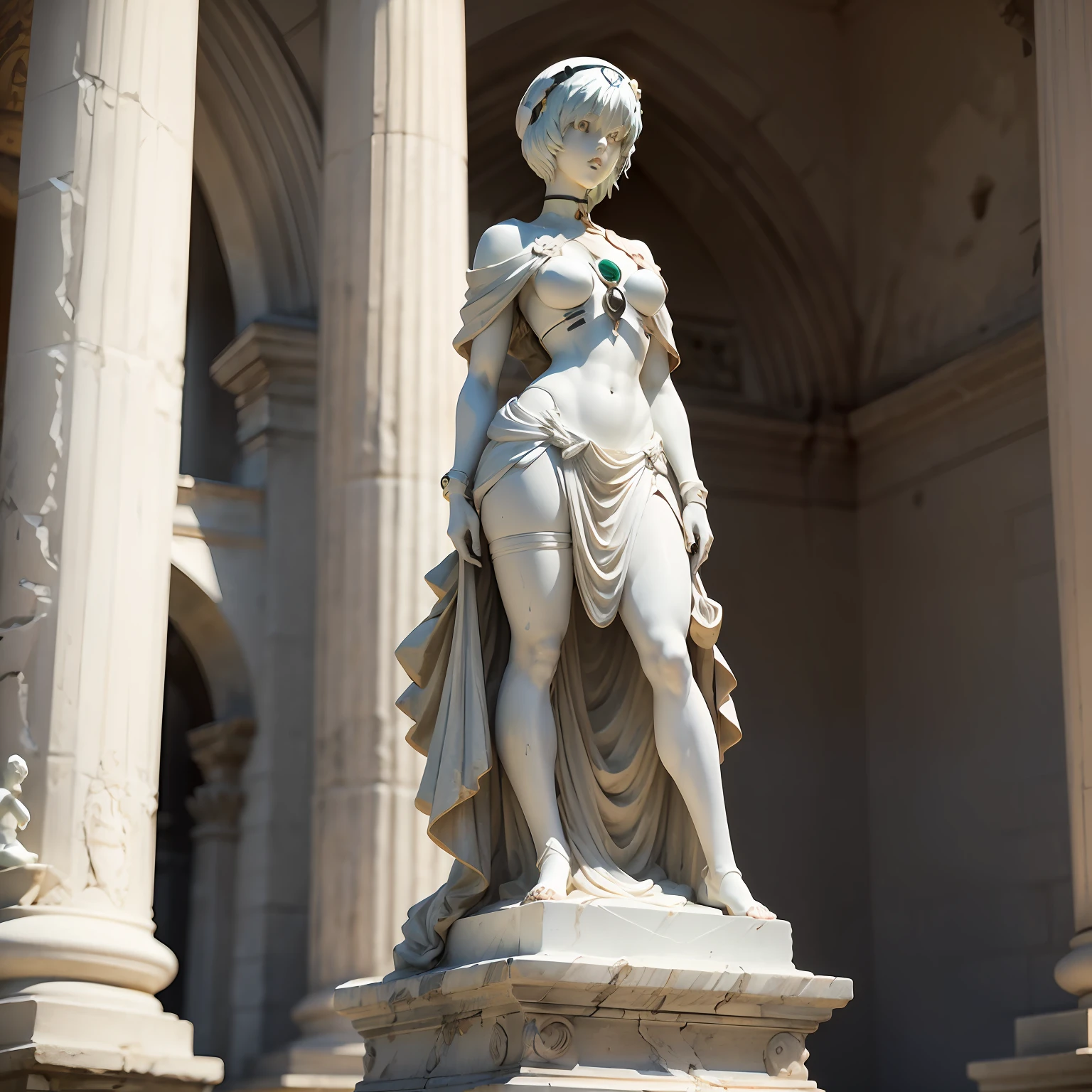 King Ayanami of evangelion, alone, Muscular anime Girl, as a white stone marble figure, female statue, ancient roman statues, upright
