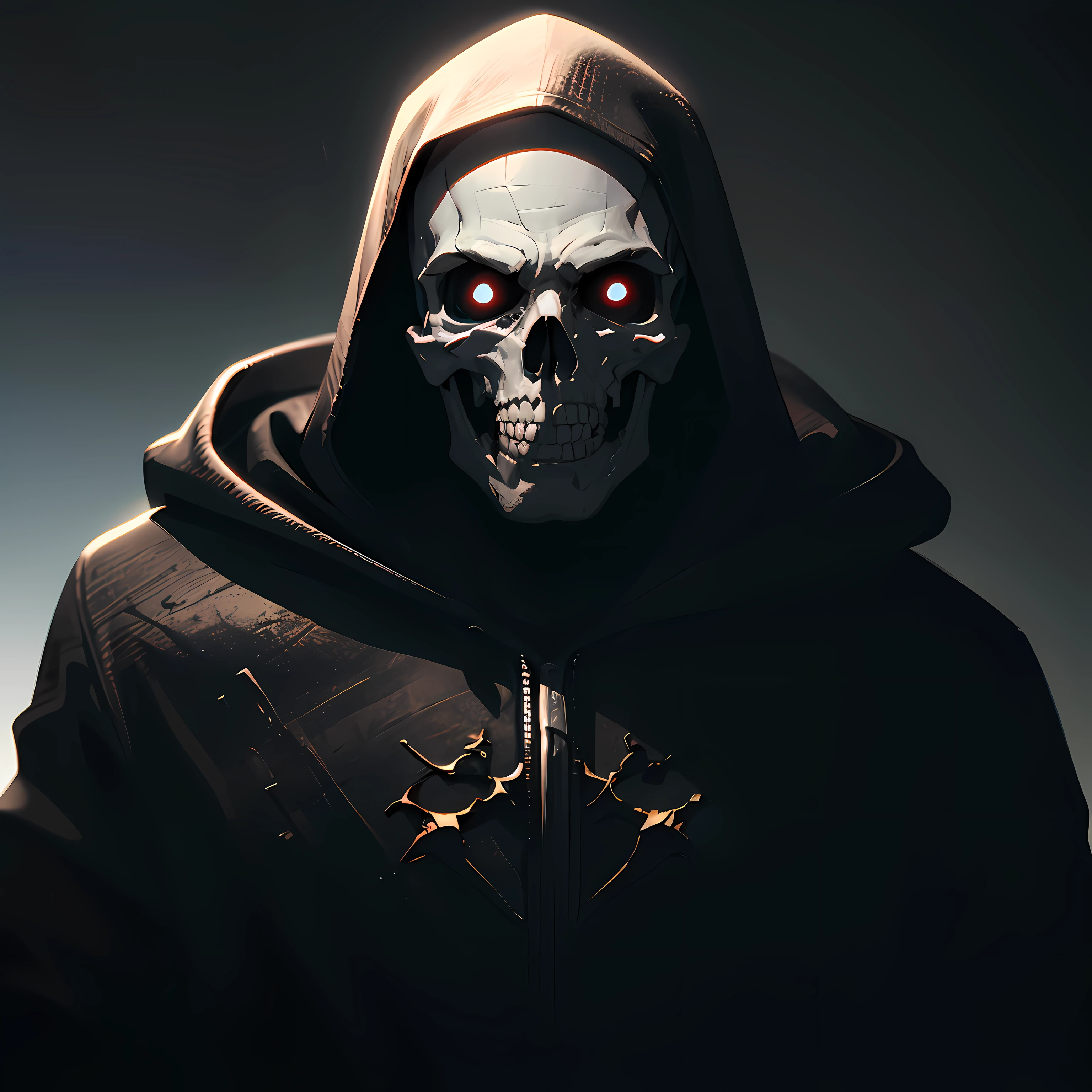 Old man,face half flesh and half skull, Necromancer, [ghoul:skeleton lich:ghoul], black colored hood, Realistic, (photorealistic: 1.1), highly detailed, high quality textures, hyper-realistic, soft shadows, RTX, quality lighting, ((cinematic look)), atmosphere, strong colors, dark photo,