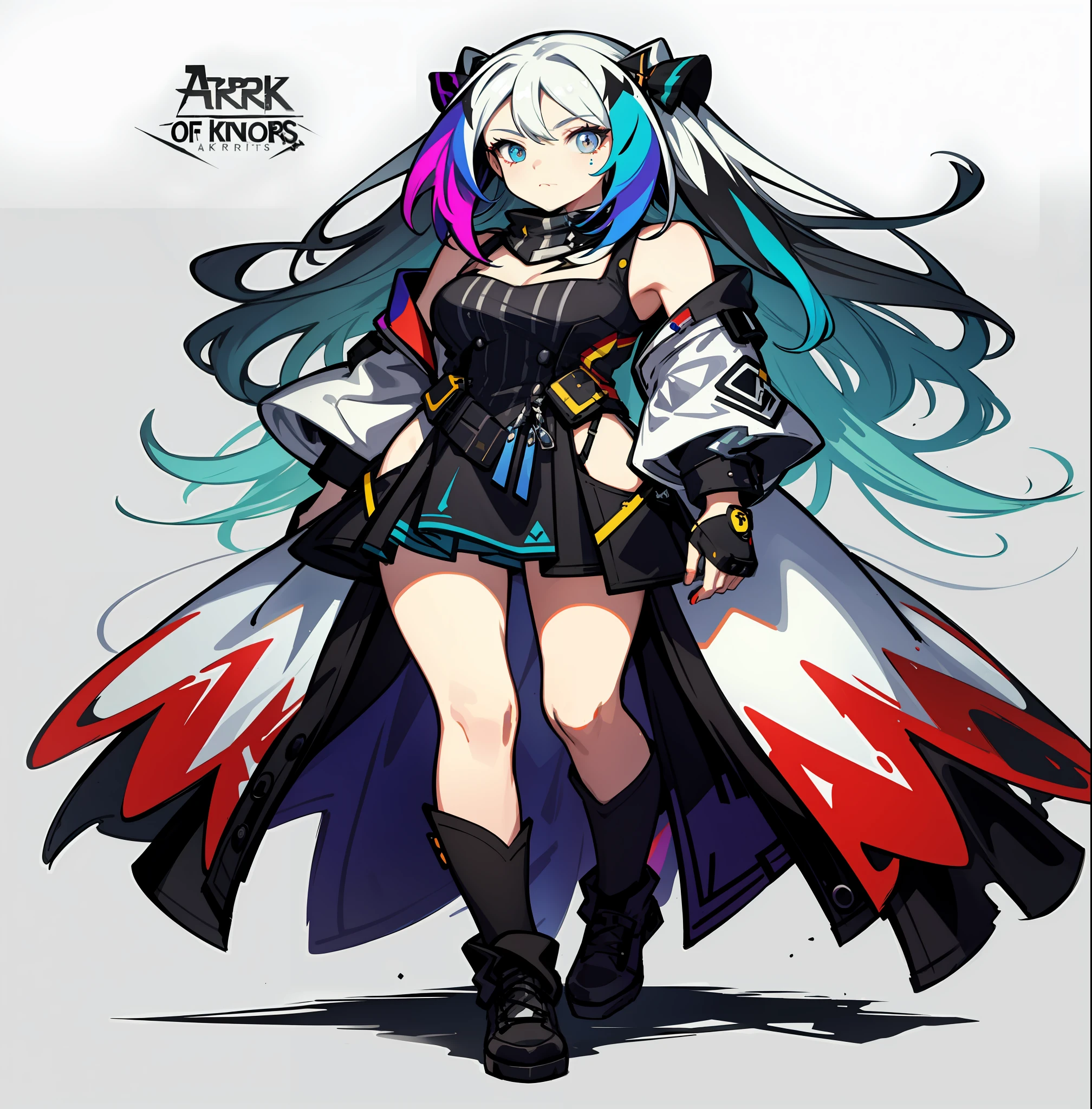 Ark of tomorrow, arknights, full body portrait, character setting drawing, white background, hair like rainbow, rainbow color hair, hand paint spray can, dress like street trend painter, girl