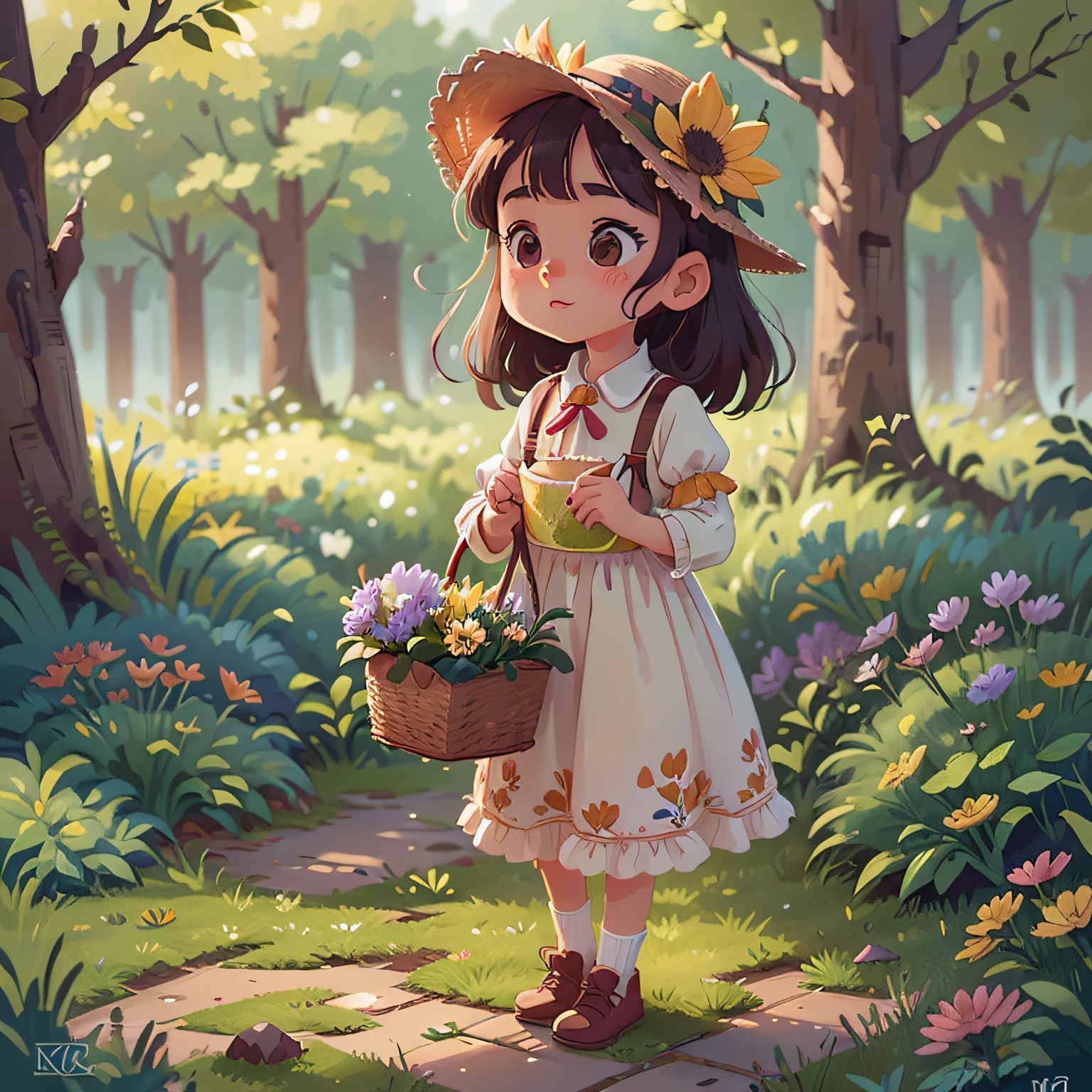 Tip: A very charming little girl with a basket of flowers, enjoying a lovely spring surrounded by beautiful green flowers and nature. The illustration is a high-definition illustration in 4K resolution with highly detailed facial features and cartoon-style visuals.