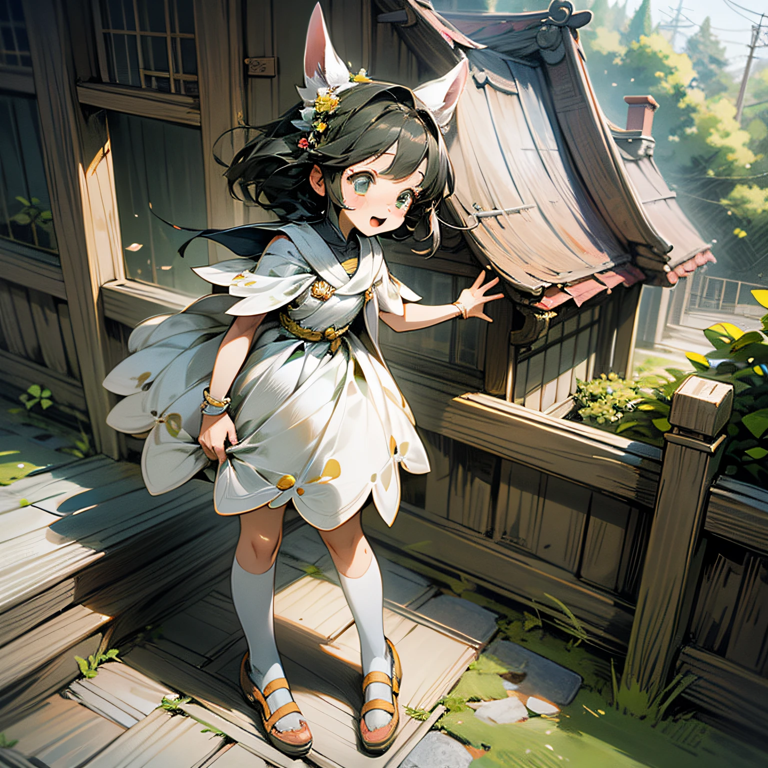 Cute girl, 5th grade, full body, different angles, ghibli style, children's book, illustration, white dress