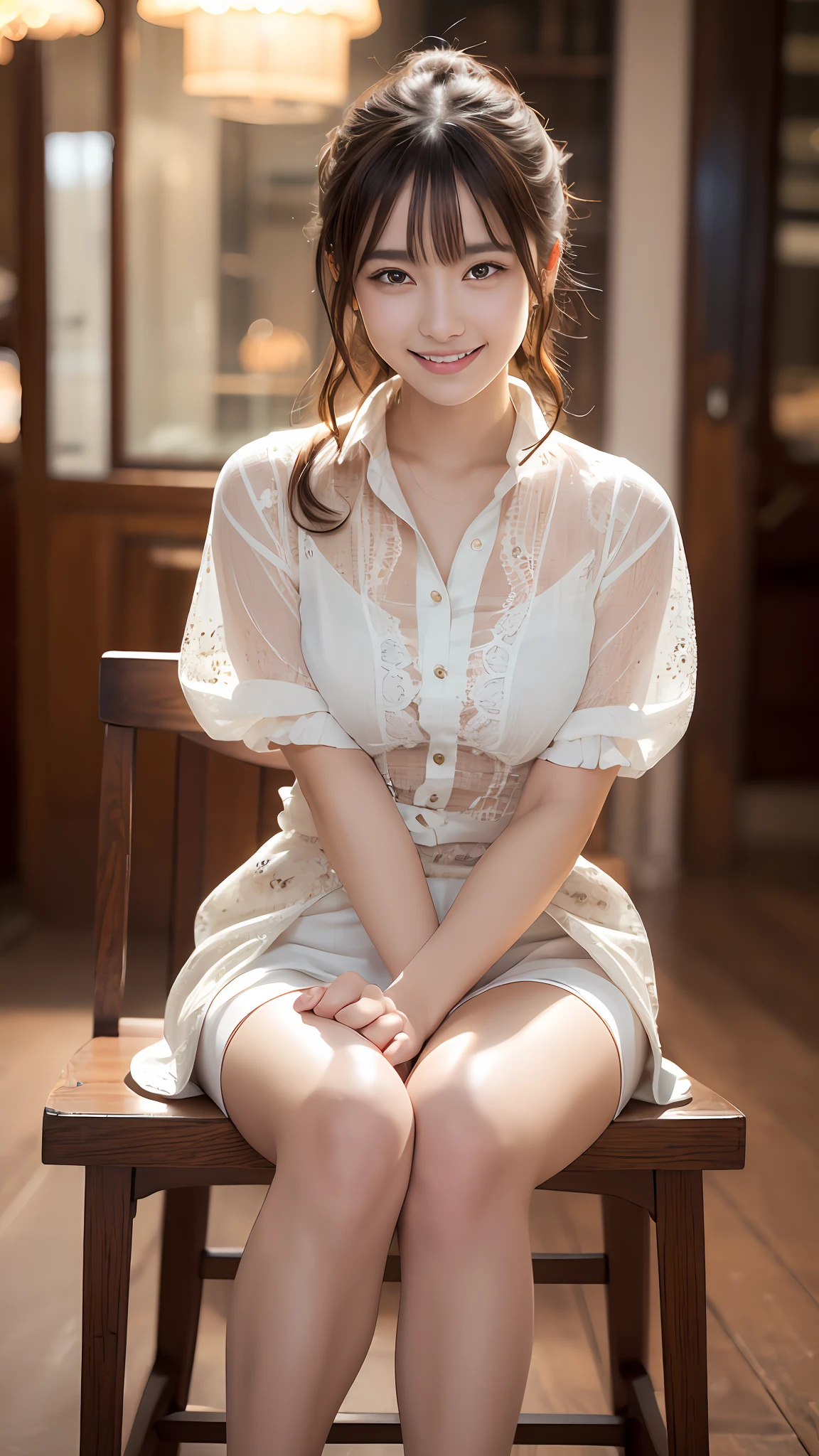 (18 years old: 1.2), (dishonest laughter), (look away), 8k, RAW portrait of Japan girl, photorealistic, ultra high resolution, top quality, (uniform: 1.2), (from bottom: 1.2), sitting on a chair, arms crossed, (panchira: 1.2), (luxury café: 1.4) break (natural skin texture, detailed skin, hyperrealism, ultra-sharpness), intricate details, depth of field, dim lighting, Korean idol, Nogizaka idol, gravure idol, actress, fashion model pose