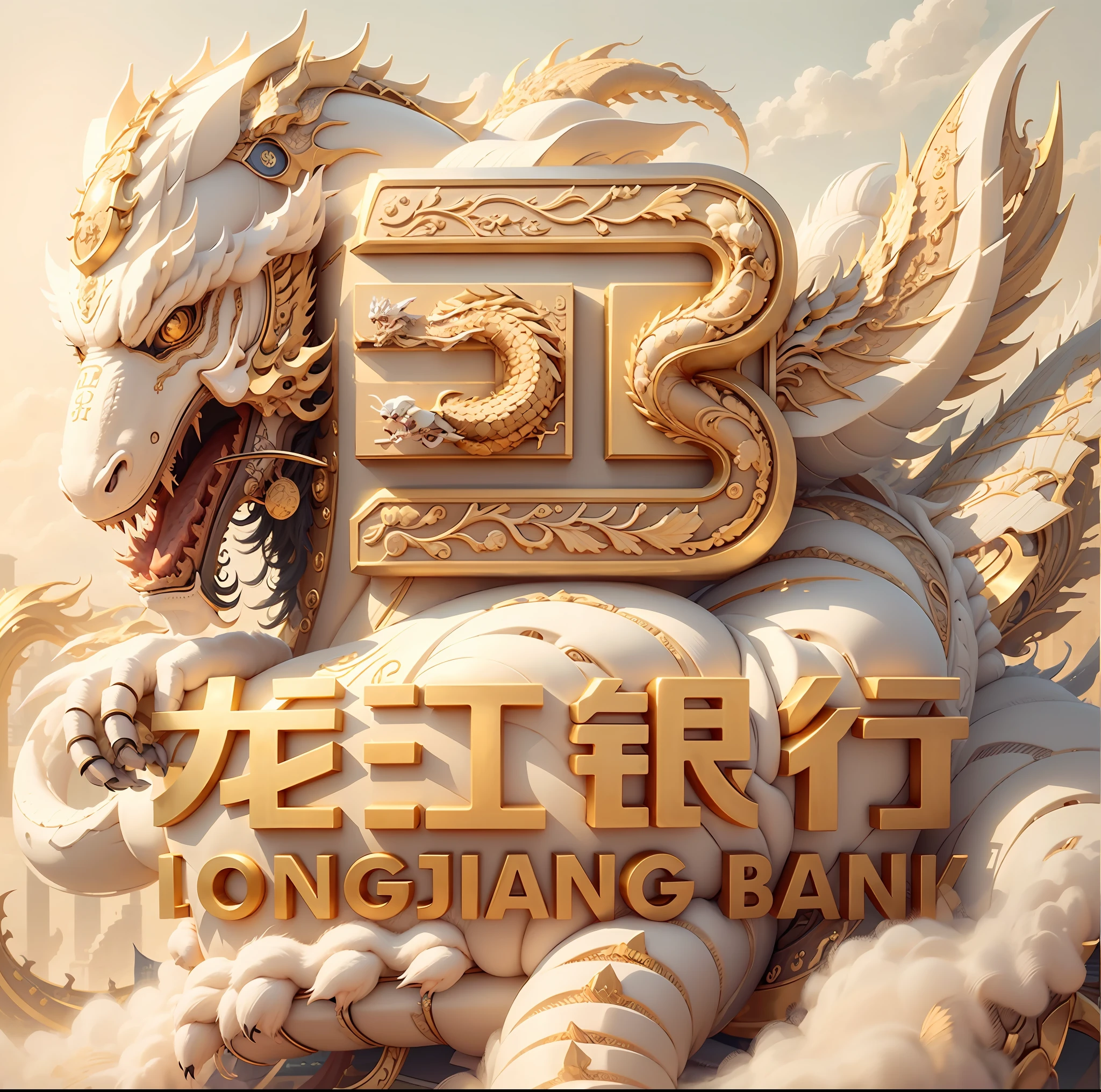 Longjiang Bank logo close-up, China Dragon, Oriental Dragon, logo, company logo, logo, ivory gold artificial intelligence, gold bars, money, treasure