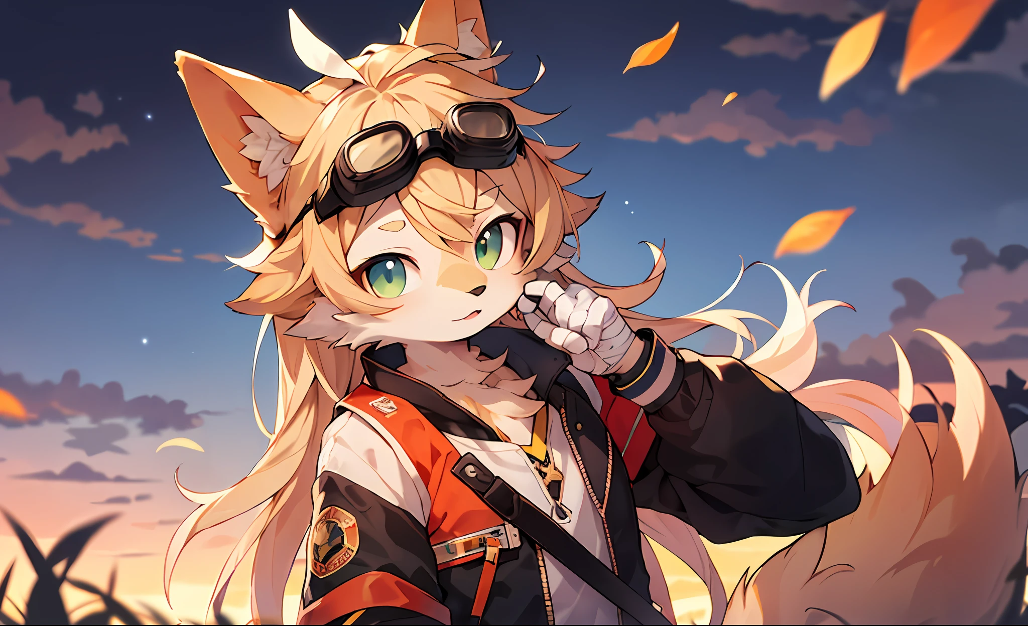starry sky, sunset, depth of field, perfect lighting, light particles,(best quality),(masterpiece),(ultra detailed),sharp focus,light particles,niji, eyesgod, lightgreen_fur, furry, (upper body), rainbow, colorful flower, looking at viewer, blonde, galaxy, cloud_force, dusk, tree, bird, starfall, falling leaves, wind, weapon, sheath, sheathed, scabbard, bandages,headband, feather, motion blur, goggles on head