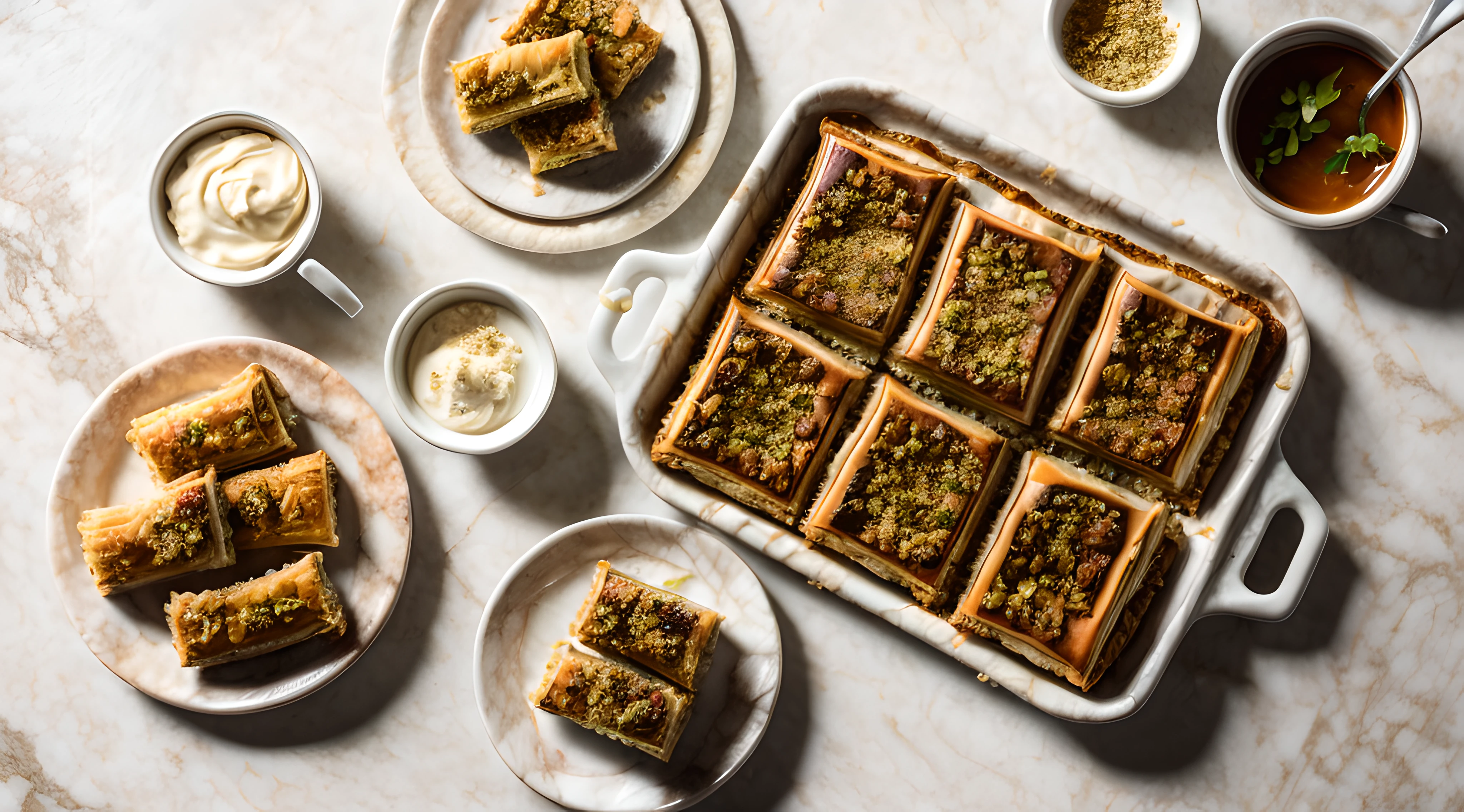 (pieces of baklava on top of a white marble table) (aerial view) realistic photo, ultra definition image, perfect realistic details, perfect lighting, hd 4k image