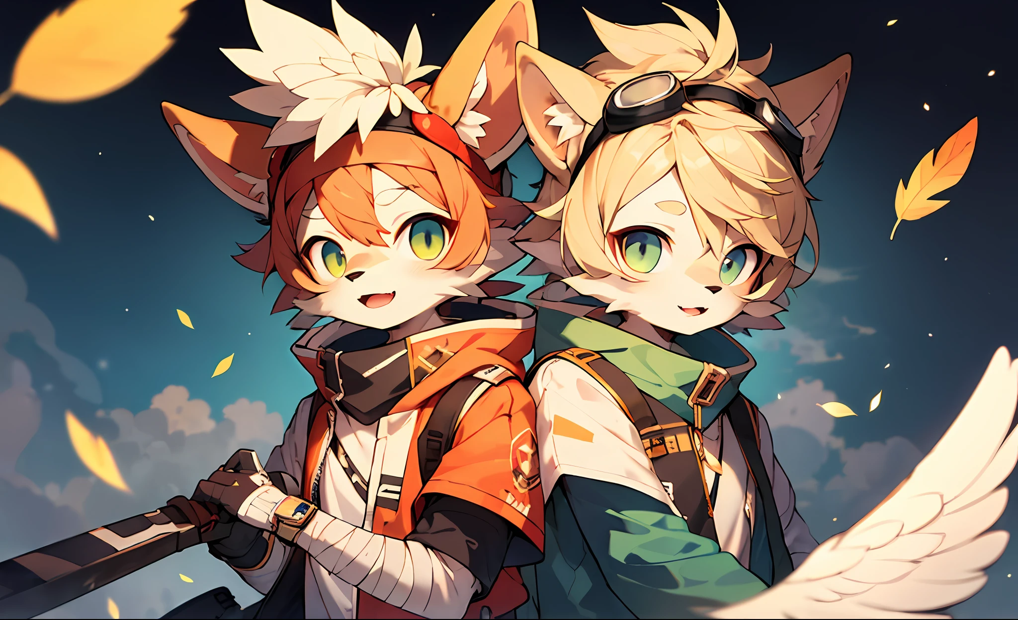 starry sky, sunset, depth of field, perfect lighting, light particles,(best quality),(masterpiece),(ultra detailed),sharp focus,light particles,niji, eyesgod, lightgreen_fur, furry, (upper body), rainbow, colorful flower, looking at viewer, blonde, galaxy, cloud_force, dusk, tree, bird, starfall, falling leaves, wind, weapon, sheath, sheathed, scabbard, bandages,headband, feather, motion blur, goggles on head